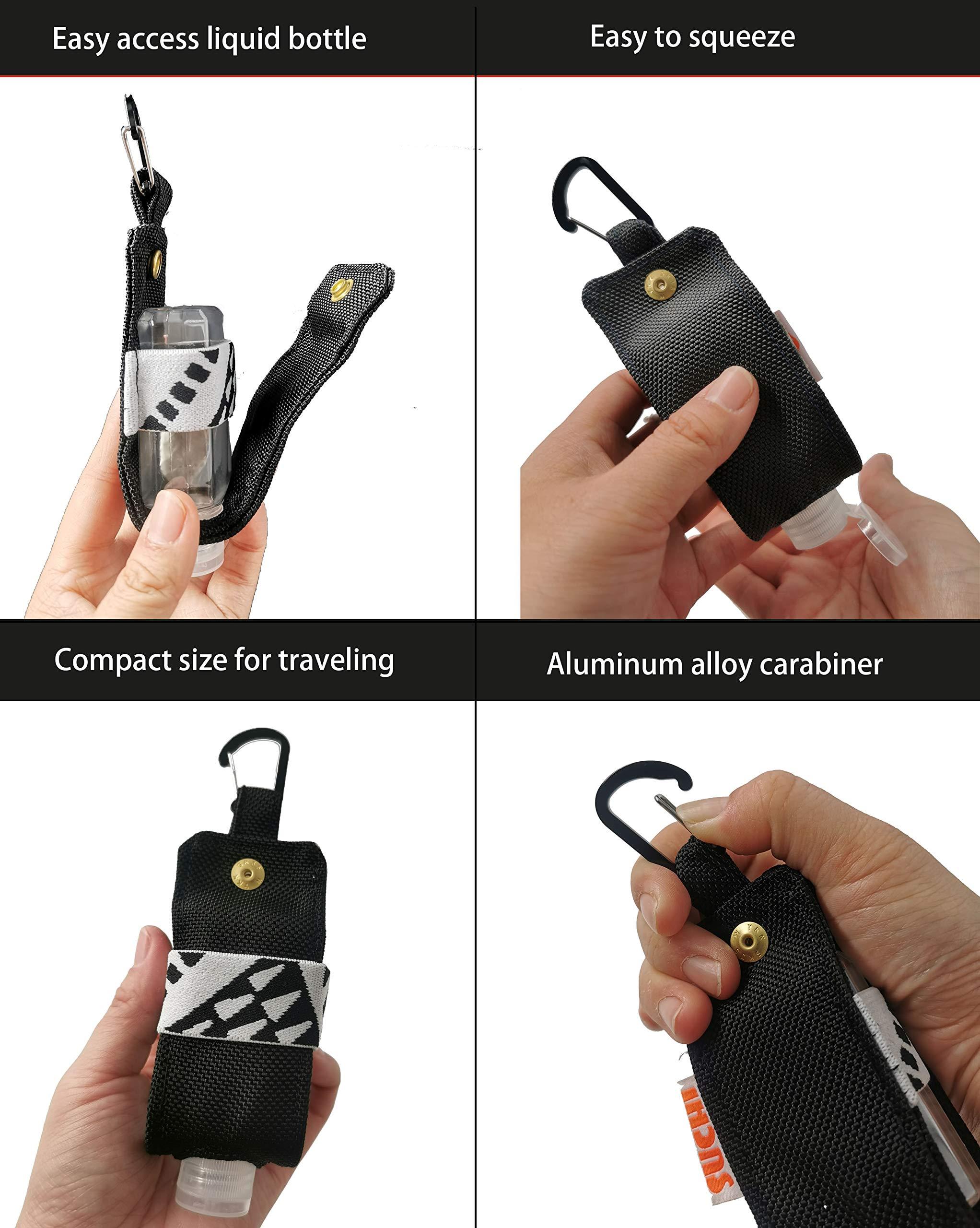 SUCHI Travel Size Hand Sanitizer Holder,Bottle Case and Carabiner Carrier bag-Portable Mini Waist Bag for Liquids Clip On Belt Loop, Backpack and Purse - Includes Empty 60ml/ 2 oz . Reusable Bottle (Black)