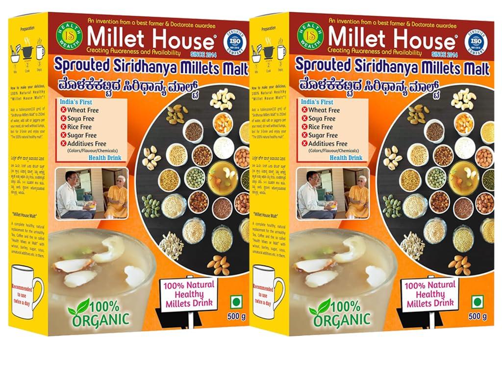Millet House Millet House Sprouted Siridhanya Millets Malt | 30 Natural Ingredients | 100% Healthy Chemical Free Natural Certified Millet Drink | Traditional Millets Organic Mix (1kg) (500g x 2packs)