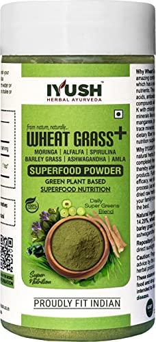 IYUSH IYUSH Herbal Ayurveda Organic Wheat Grass Plus Moringa + Spirulina + Alfalfa + Barley Grass + Ashwagandha And Amla Multivitamin Superfood Powder - 100Gram