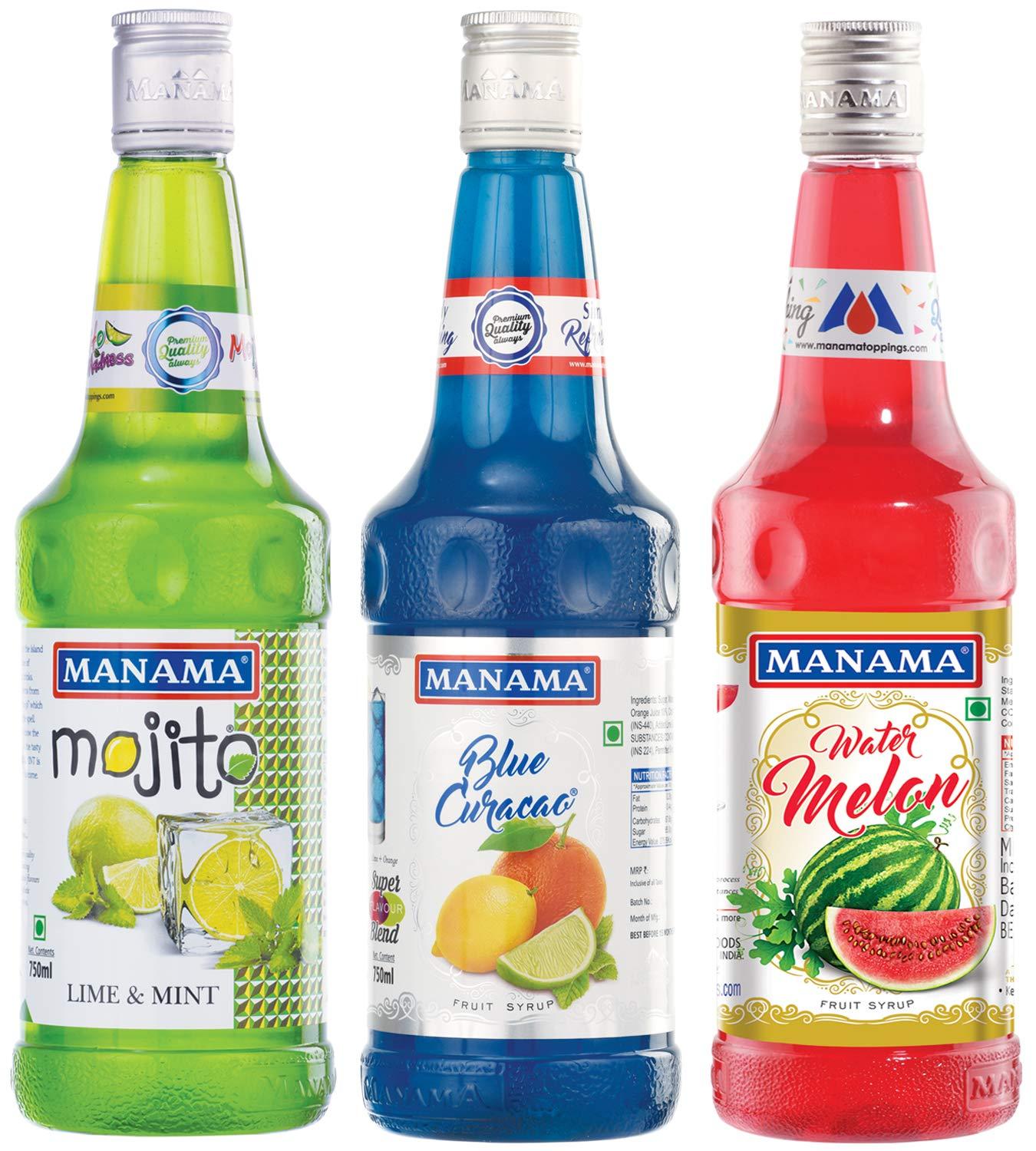 Manama Manama Lime and Mint Mojito Syrup, Blue Curacao Syrup and Watermelon Fruit Syrup, 750ML Each, Pack of 3