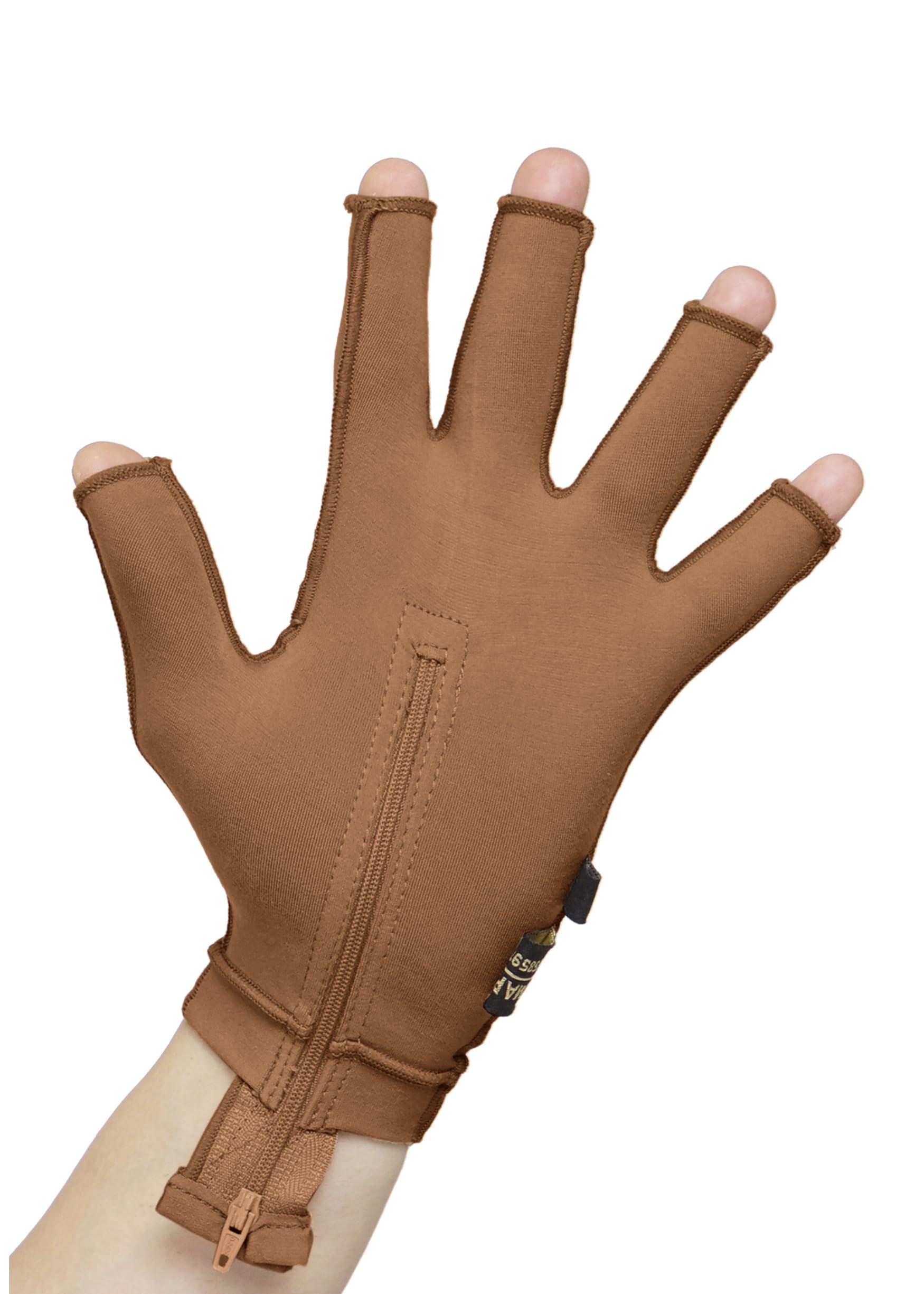 Dermapress Medical Compression Hand Glove upto WRIST with open Fingers | OUTSIDE ZIP| HIGH COMPRESSION | COTTON | UNISEX | BURN Recovery Support | (Brown, Right Hand- L)