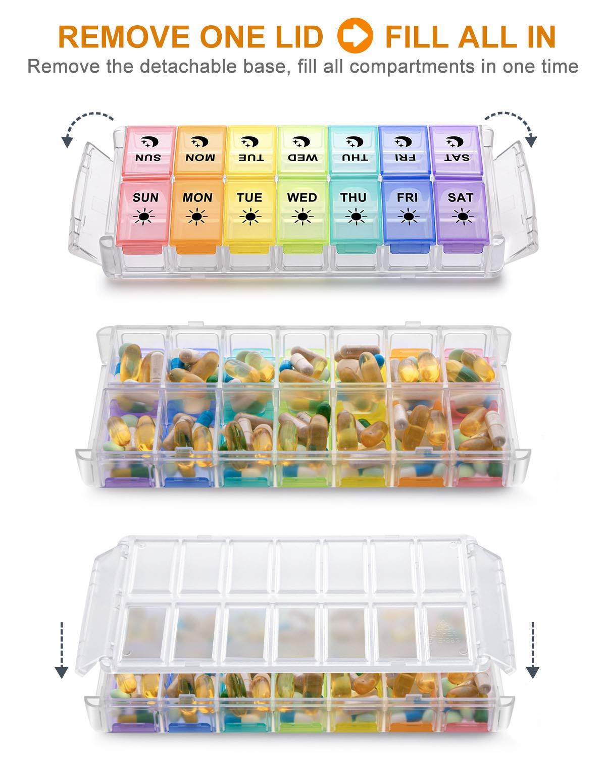 Fullicon Weekly Pill Organizer 2 Times a Day Extra Large 7 Day Easy Fill 2020 Newest Version Fullicon AM PM Pill Box XL Large Daily Pill Cases Medicine Box - Rainbow (Patent Registered)