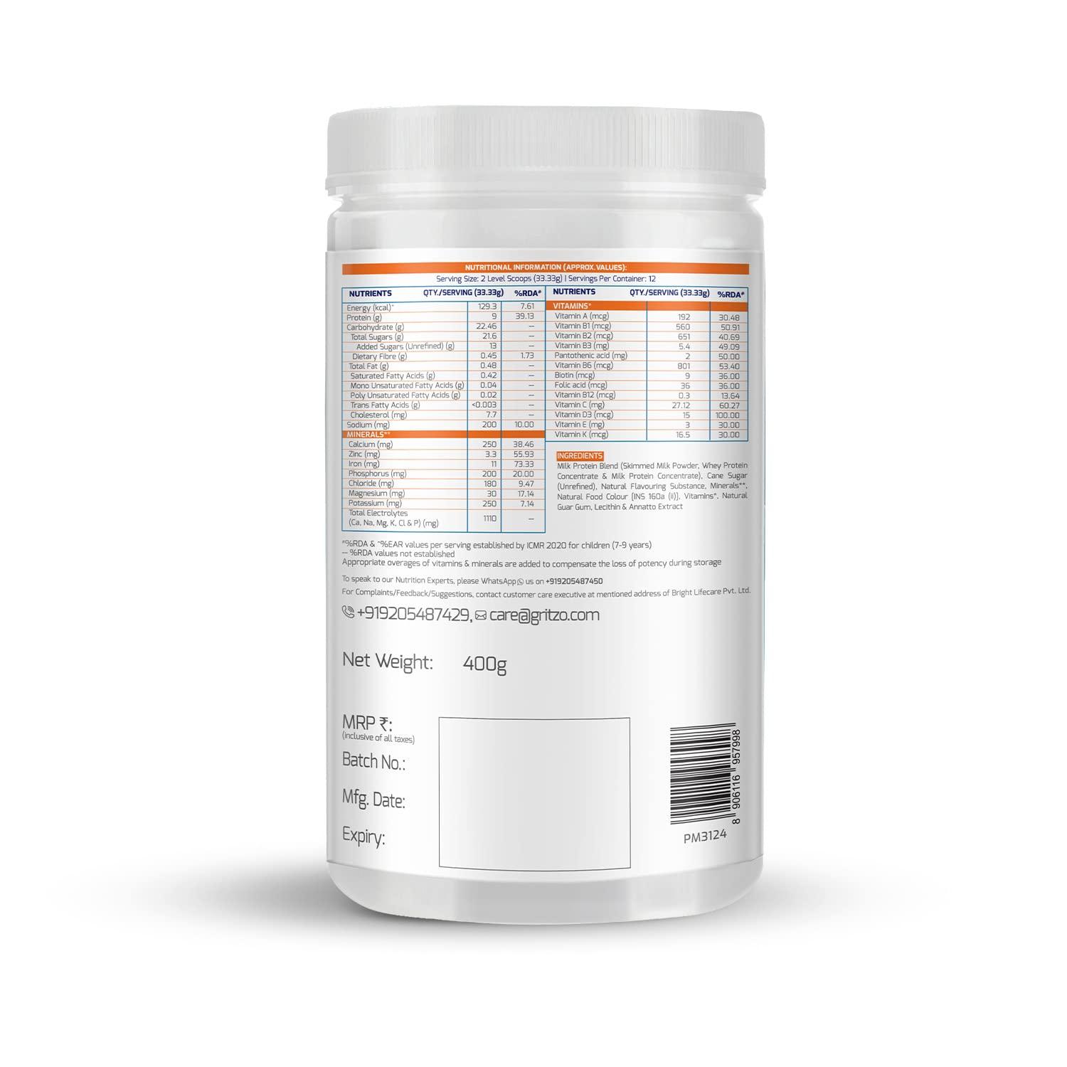 Gritzo Gritzo Supermilk Daily Nutrition Powder (8-12Y Young Athlete)-Mango Delight, 400G|9G Protein With Zero Refined Sugar