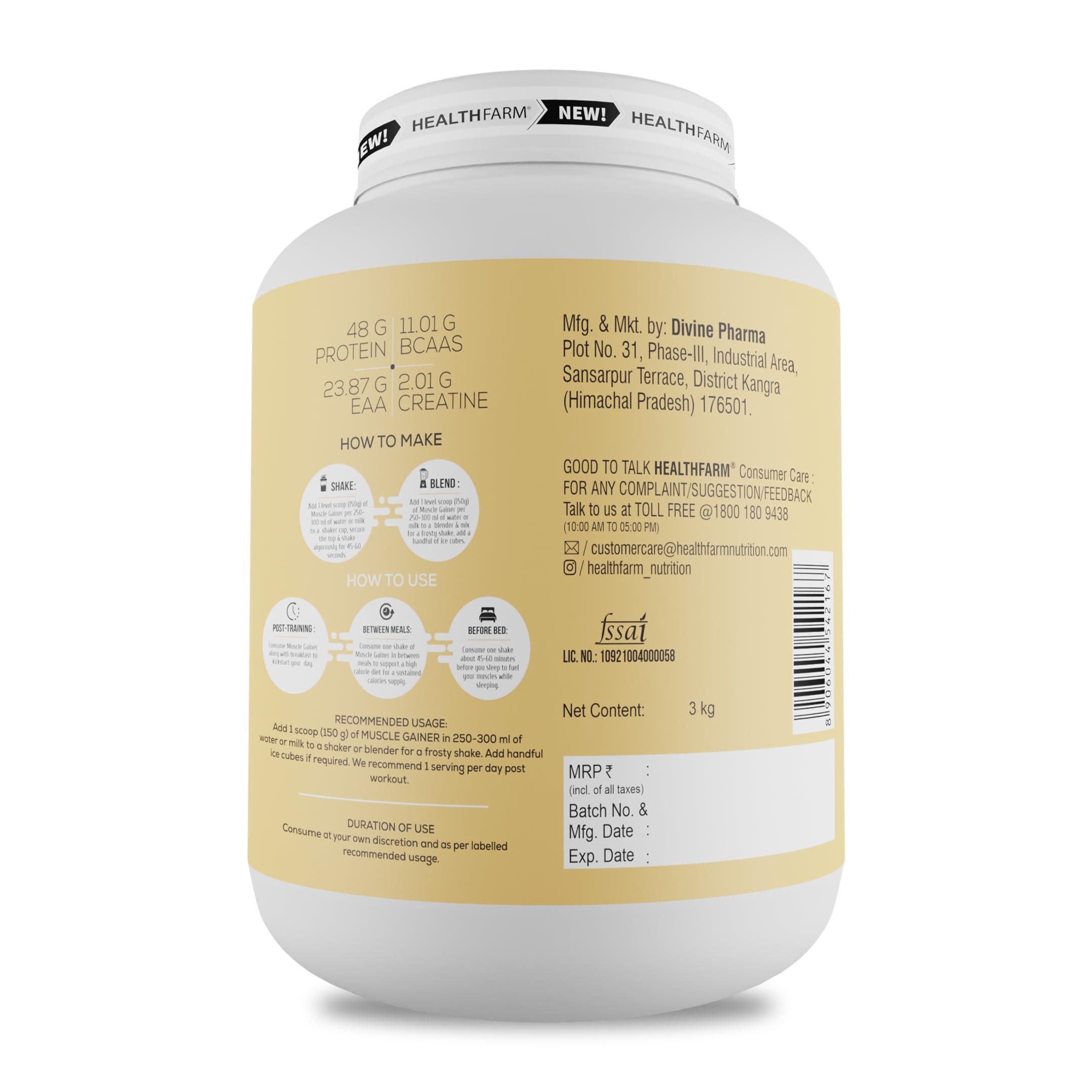 HEALTHFARM Healthfarm Muscle Gainer with High Protein and Carbs | Helps Gain Muscle Mass & Body Weight (Vanilla, 3kg-6.6 lbs)