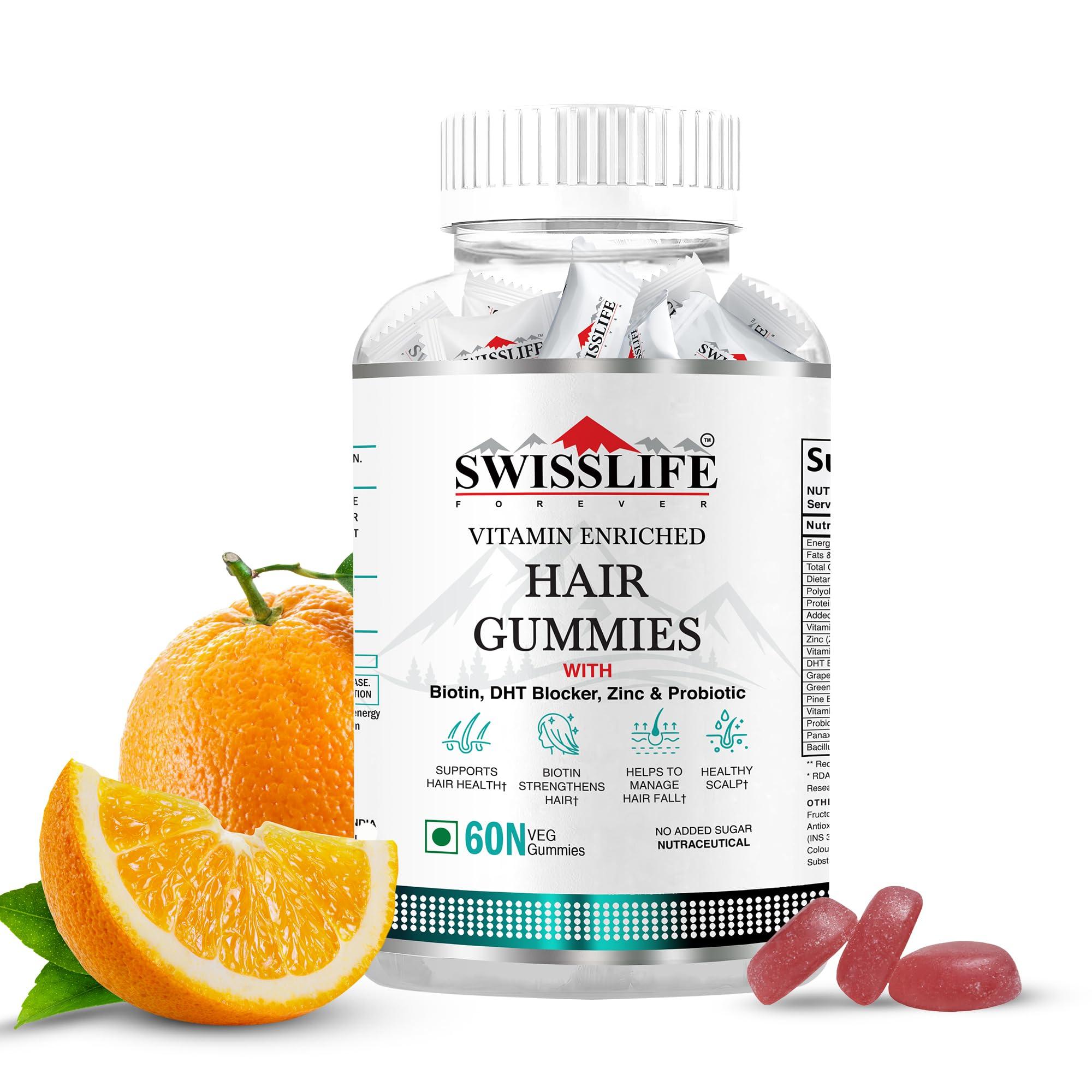 SWISSLIFE FOREVER SWISSLIFE FOREVER Hair Gummies (60 Gummies) | Vitamin enriched Hair Gummies | Biotin, DHT Blocker, Zinc & Probiotics Improves Hair Health Scalp Health | For Men & Women Orange Flavour
