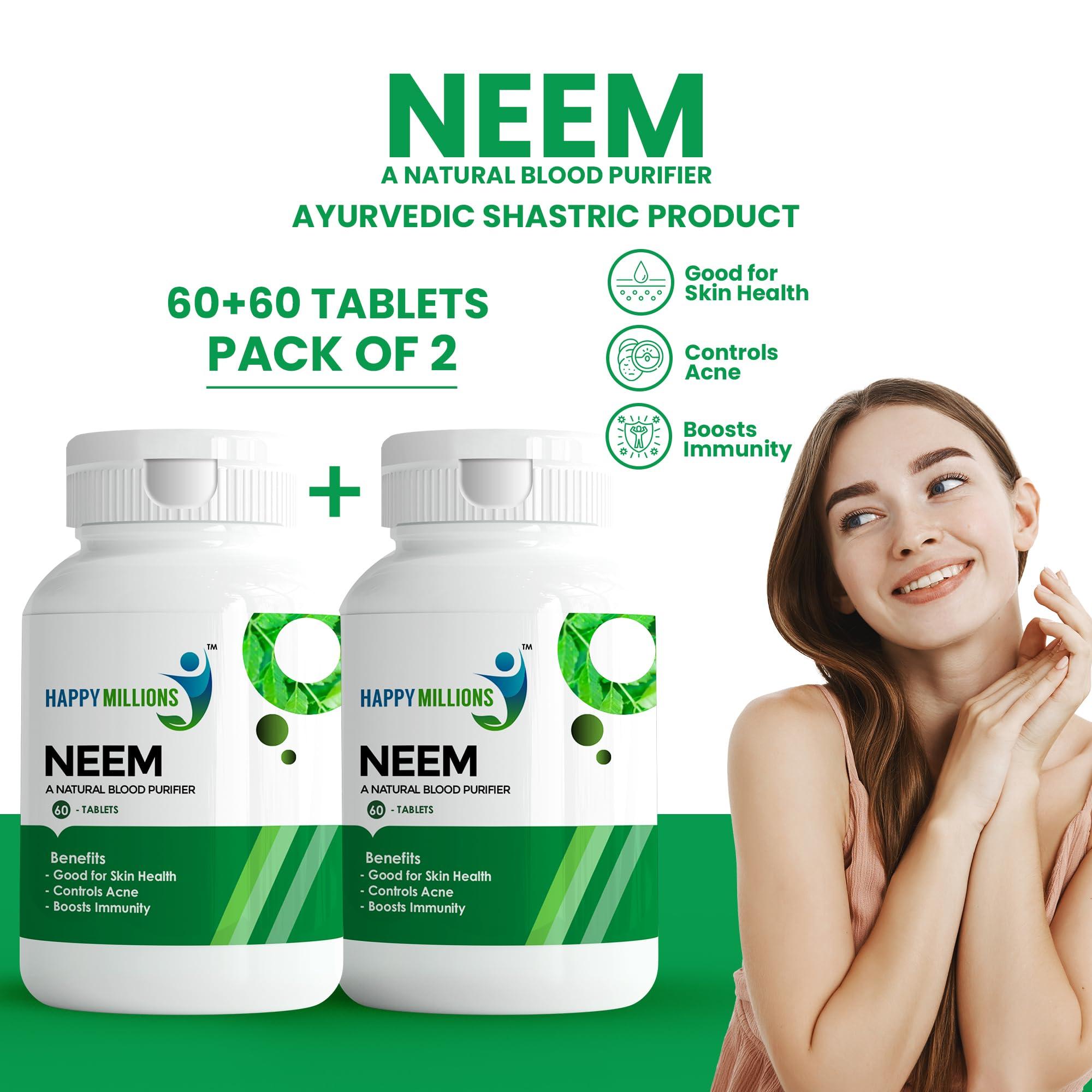 HAPPY MILLIONS HappyMillions Neem Ayurvedic Tablets | Blood Purifier, Liver Detox, Skin Health | Supports Acne and Pimple Control | 60 + 60 Tablets | Pack of 2