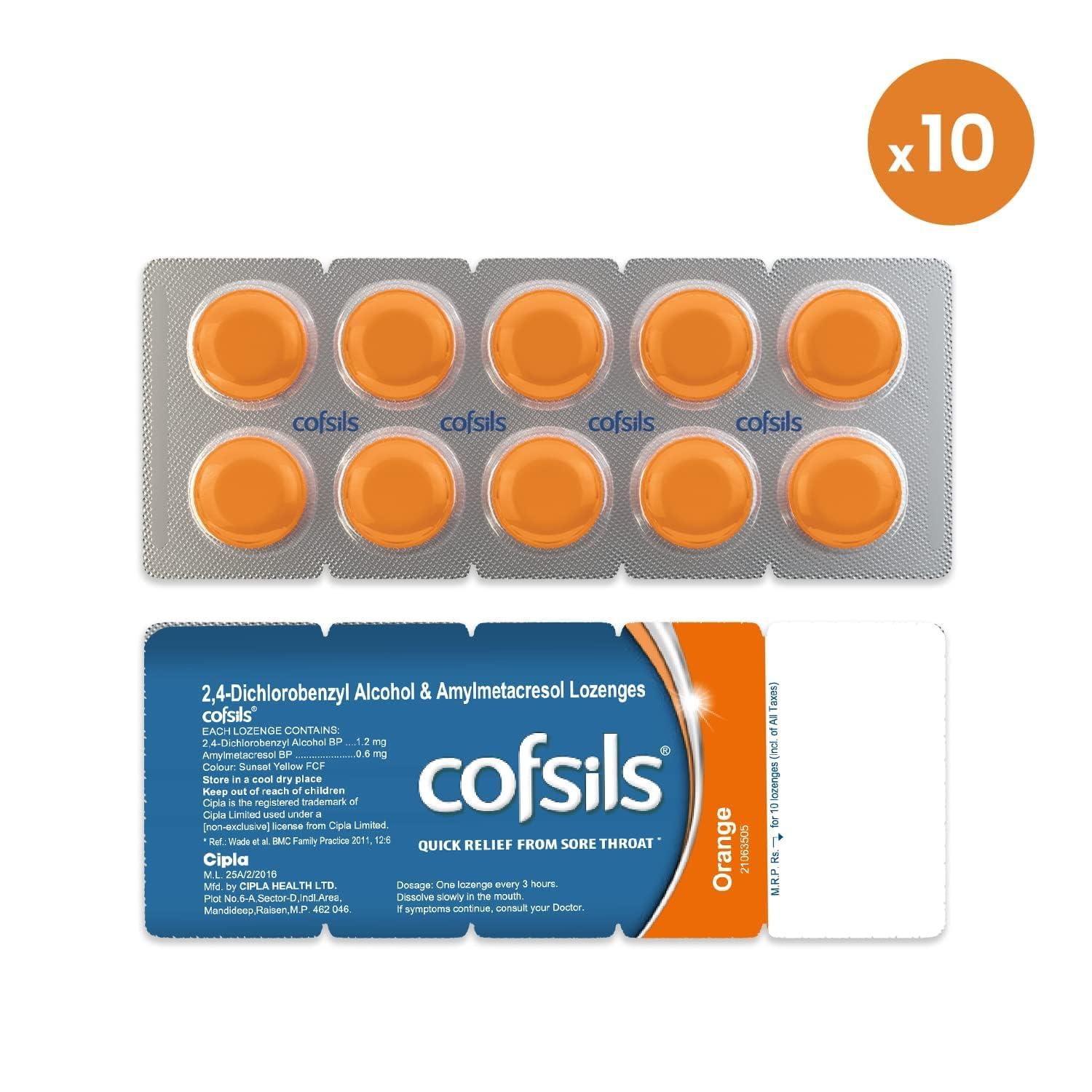 Cipla Cipla Cofsils Lozenges (100 Lozenges) | Orange Flavour | Quick Relief from Sore Throat, Itchy Throat and Scratchy Throat (10 x 10 Strips)