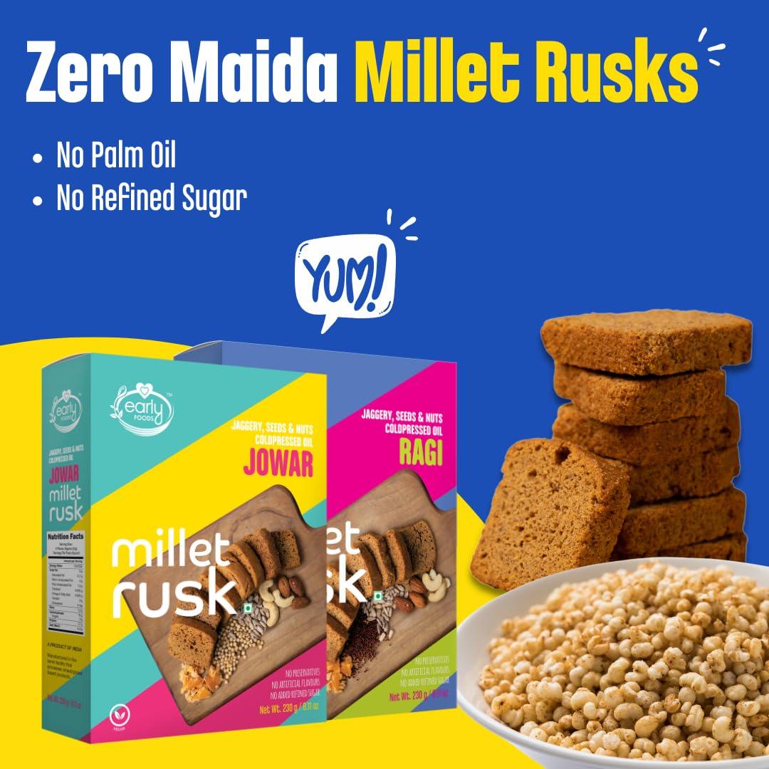 Early Foods Early Foods Assorted Pack of 2: ZERO MAIDA Ragi Rusk & Jowar Rusk | Sugar Free Millet Rusk with Jaggery | No Maida Rusk with Whole Wheat Rusk | Kids Snack | Tea Toast | Millet & Atta Rusk 230g x 2