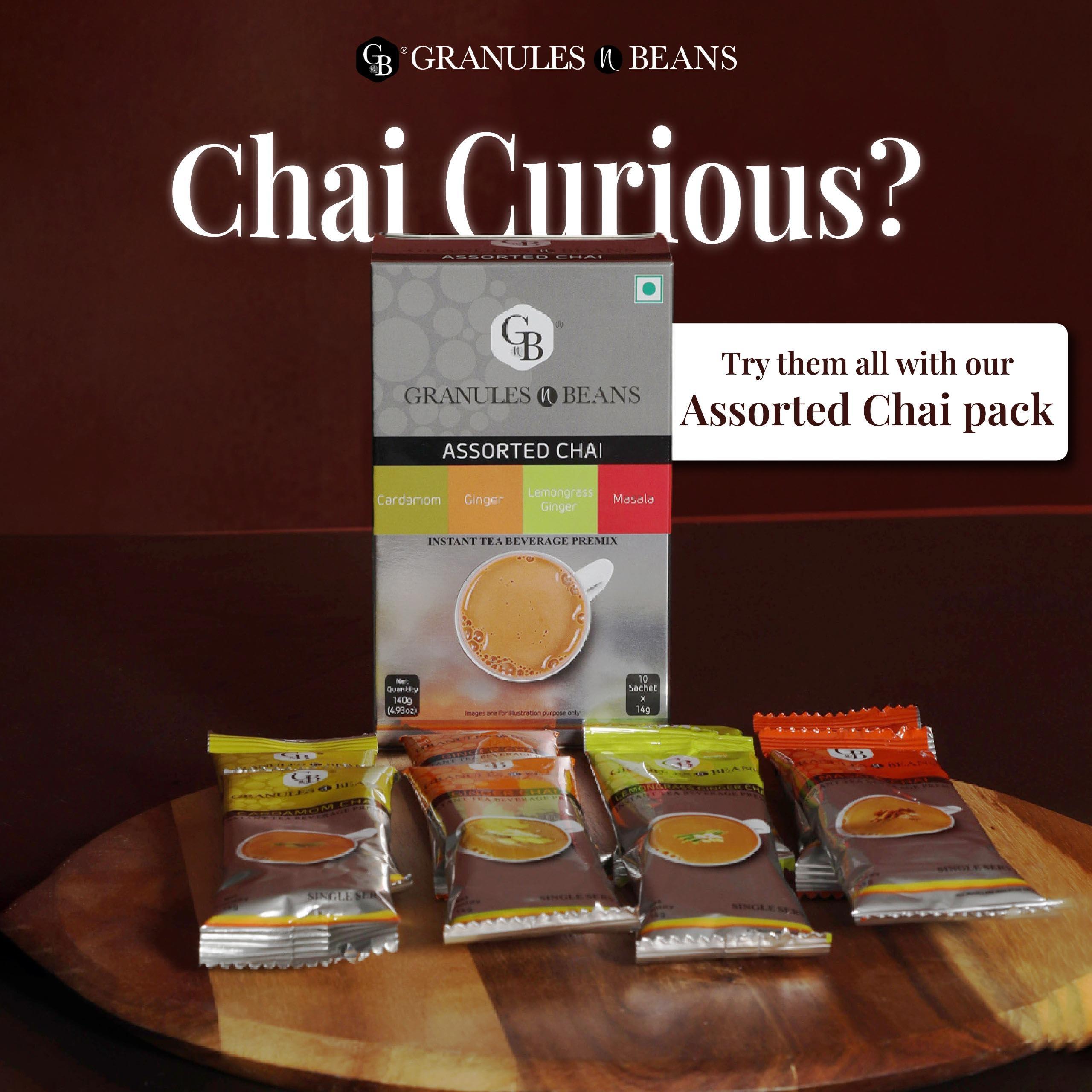 GnB GRANULES n BEANS GnB GRANULES n BEANS Assorted Chai Instant Tea Premix - (10 Sachet X 14 Gram = 140 Gram) (Pack Of 2) (Cardamom, Ginger, Lemongrass Ginger, Masala)