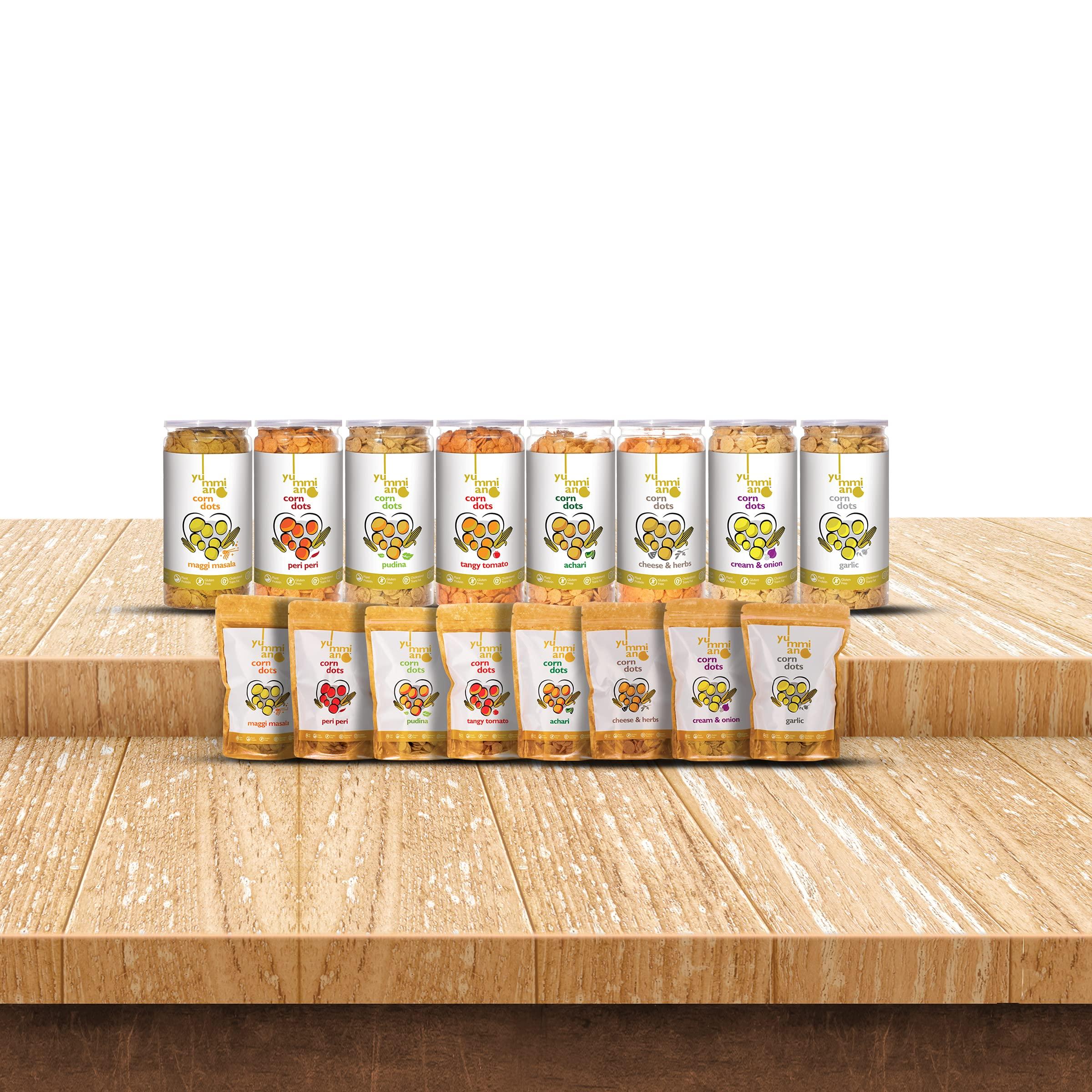 Yummiano Yummiano Corn Dots - Vacuum Cooked Corn Chips, Zero Cholesterol Healthy Snacking with High Nutrient Content, No Added Preservatives, Gluten Free - Pack of 2 (220g Each) (Flavour: Cream & Onion + Pudina)