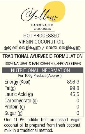 YELLOW HANDCRAFTED GOODNESS YELLOW HANDCRAFTED GOODNESS VIRGIN COCONUT OIL- HOT PROCESSED | 100ml | (Urukku Velichenna/Ventha Velichenna) | ZERO ADDITIVES | 100% NATURAL & HANDCRAFTED