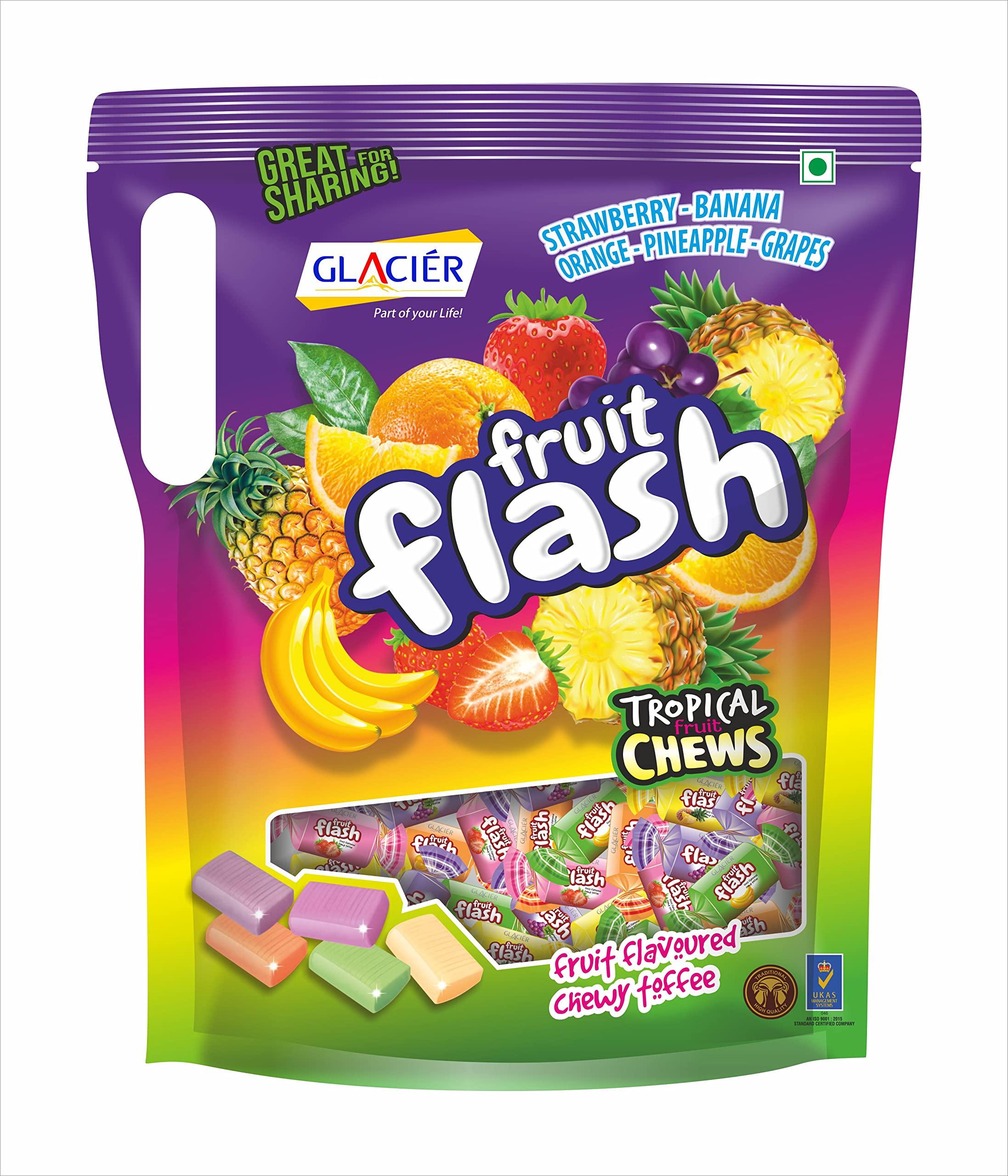 Glacier Glacier Fruit Flash Toffee | Fruit Flavoured Chewy Toffee | 5 Delicious Fruit Flavours in 1 Pack | Taste of Banana, Strawberry, Orange, Pineapple, and Grapes | 625 grams