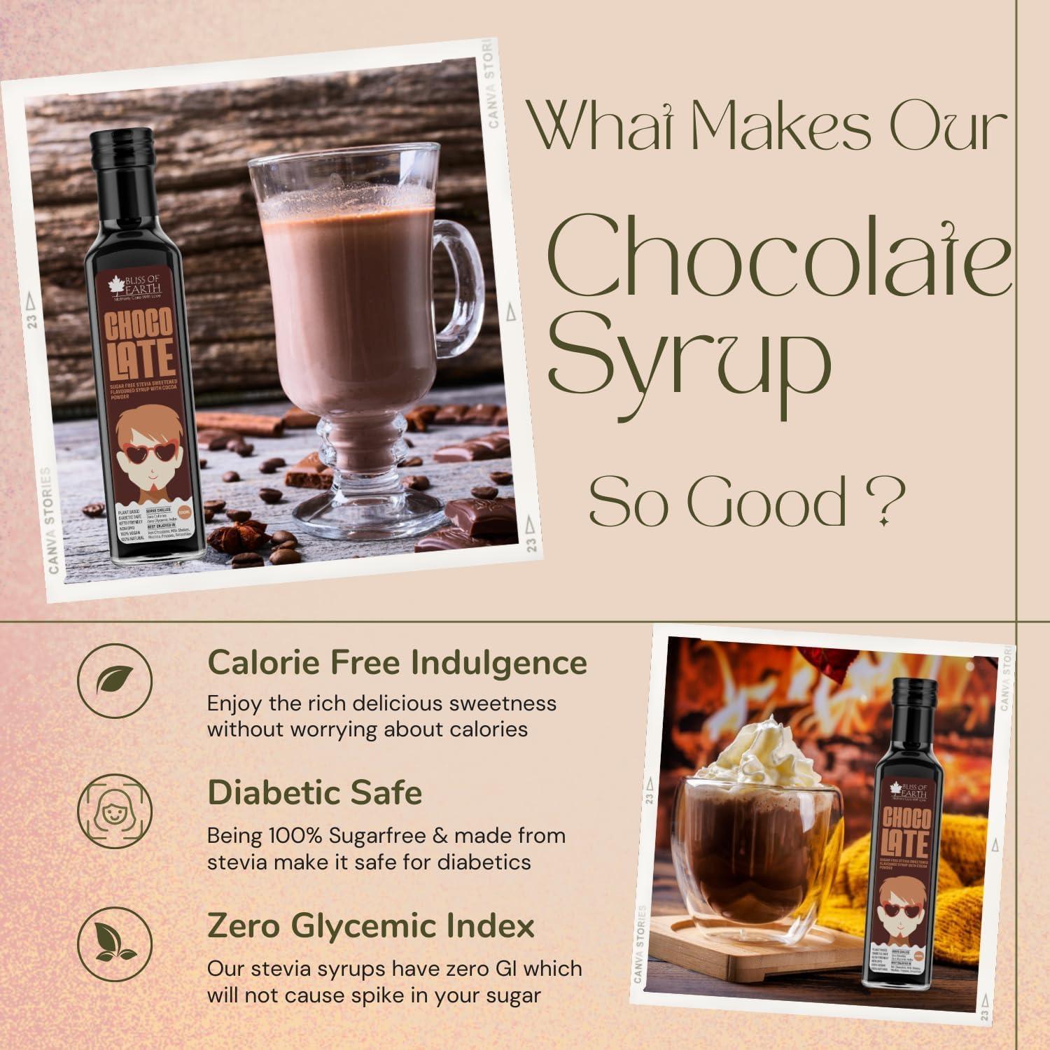 BLISS OF EARTH Bliss of Earth Sugarfree Chocolate Syrup, for Hot Chocolate, Coffee, Milkshake, Chocolate Syrup with Real Cocoa Powder. Zero Calorie, Diabetic Safe & Keto 500ml (Pack of 2)