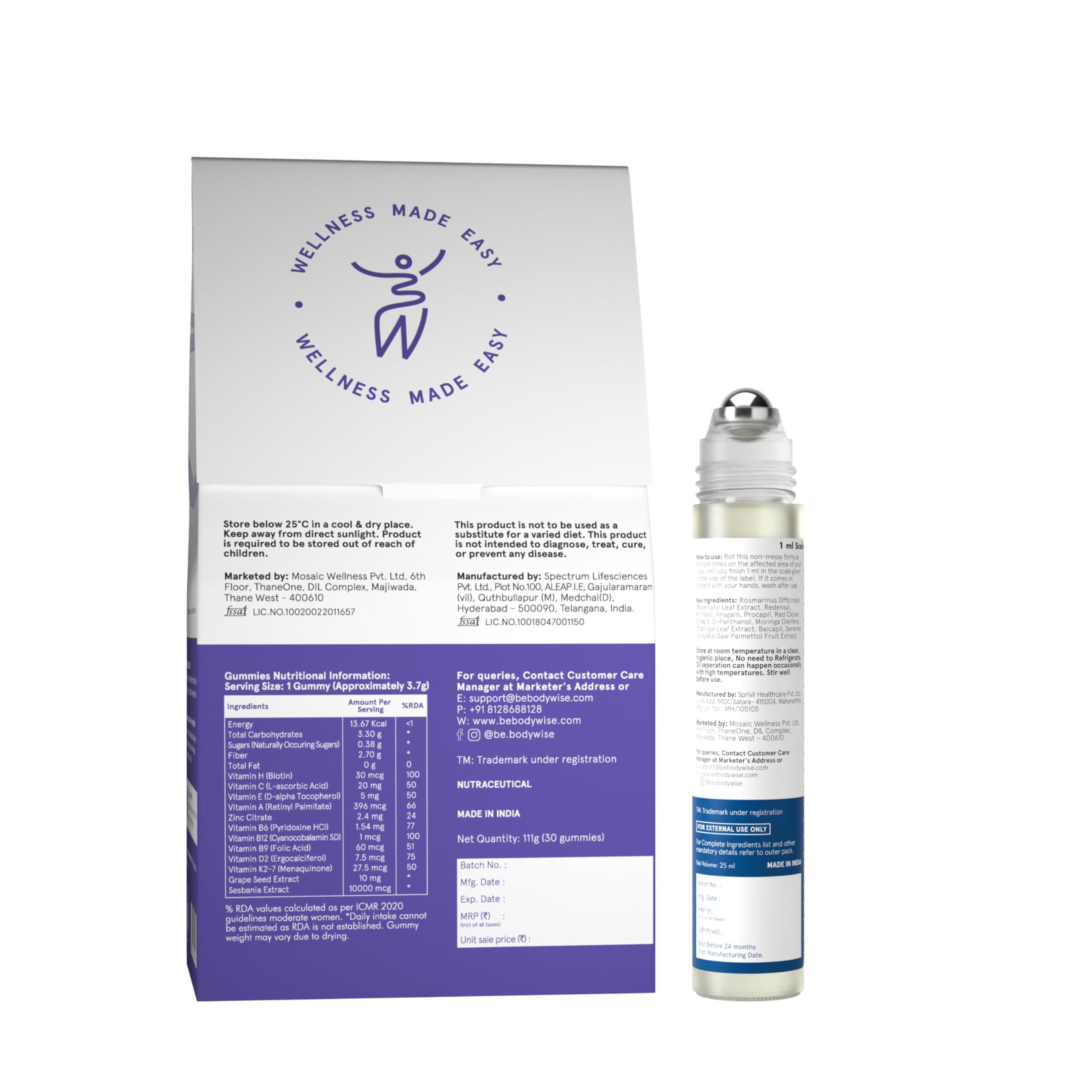 Be Bodywise Be Bodywise Hair Growth Pack, 30 Day Pack, Biotin Hair Gummies (30 Gummies) & Rosemary Hair Growth Serum (Roll-On) 30Ml, For Hair Fall & Hair Thinning - Grams