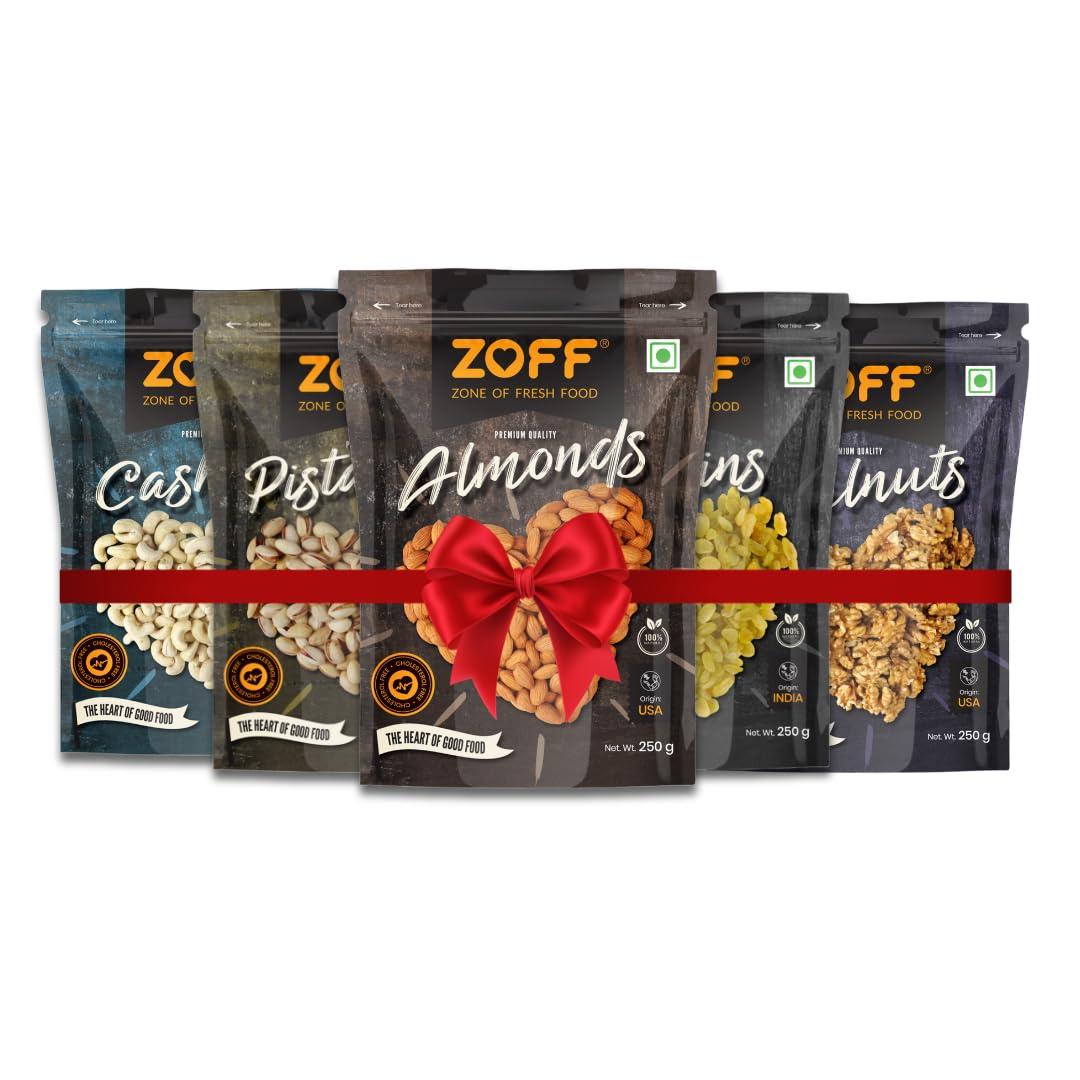 Zoff Zoff Premium Daily Needs Mixed Dry Fruits Combo - Almonds, Cashews, Raisins, Roasted Pistachios, & Walnut Halves 250g Each | Premium Zip Lock Pouch | Net weight - 1.25Kg