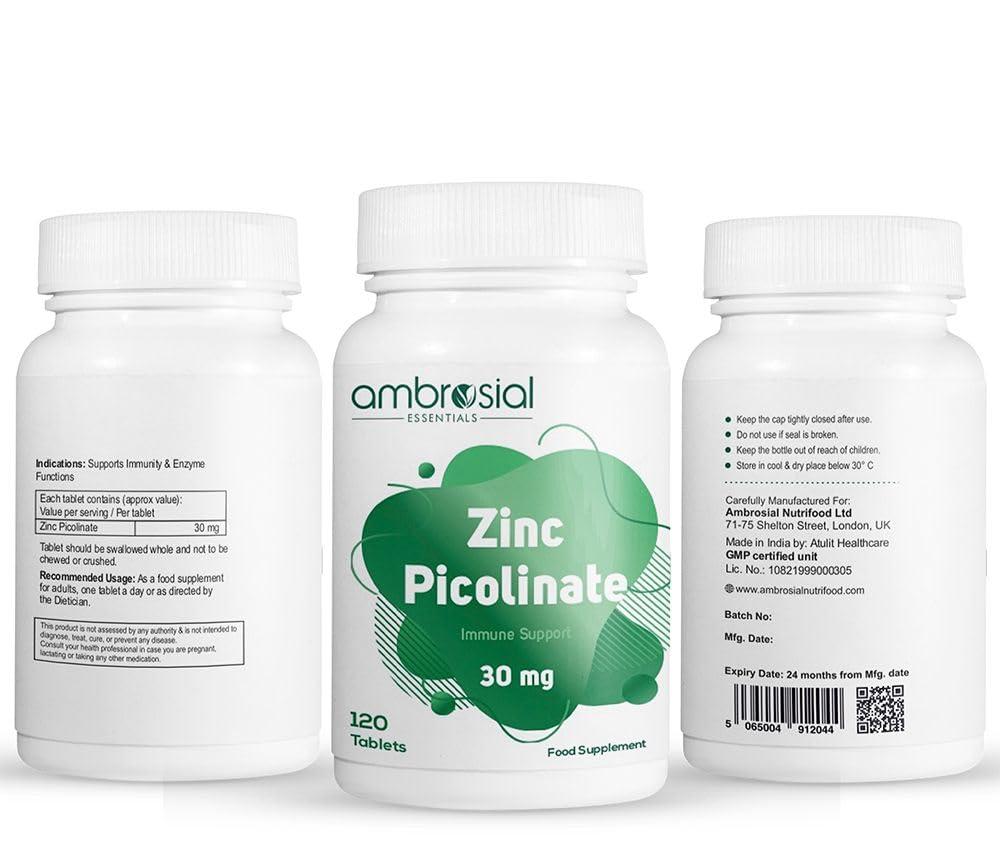 AMBROSIAL Ambrosial Zinc Picolinate 30mg, High Strength Zinc Supplements, Best Tablet for Immune Support, Bones, Hair, Skin, Nails, Supplement for Men & Women, Pack of 1-120 Tablets