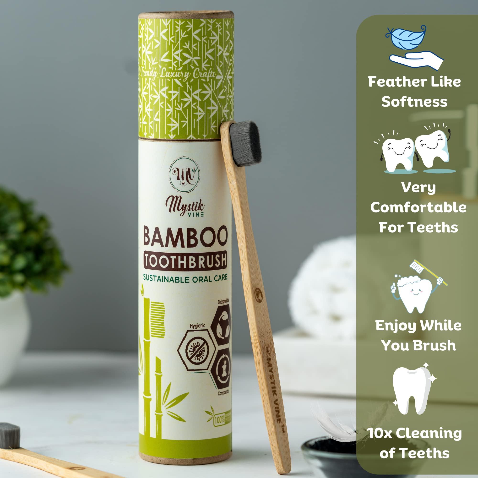 Mystik Vine Mystik Vine Bamboo Toothbrush With Ultra Soft Activated Charcoal Nano Bristles For Adults & Kids|Pack Of 2|Paper Tube Case Packaging|Bpa Free Plant Based Bristles - Manual