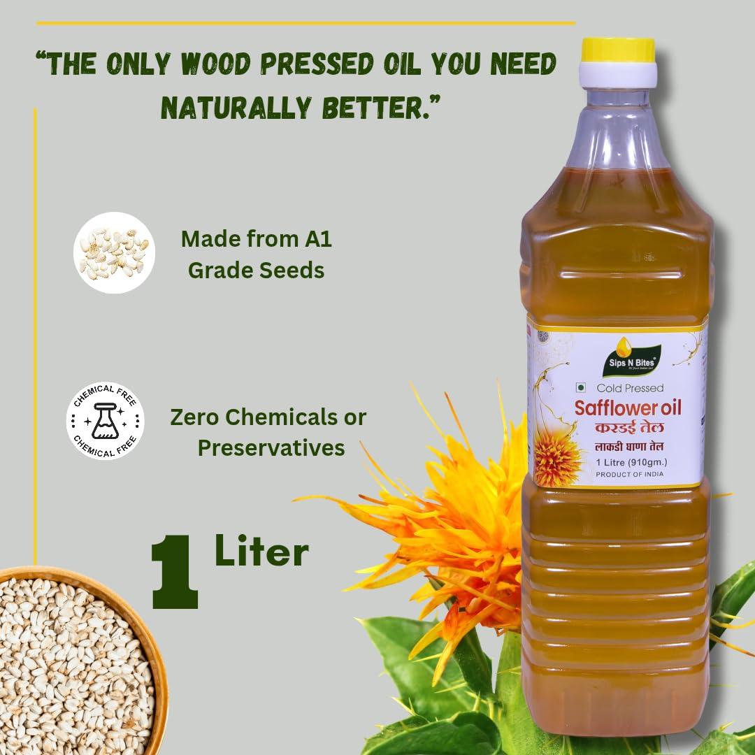 Sips N Bites Sips N Bites Cold Pressed Safflower Oil | 1 litre For Cooking | Lakdi Ghana | Kardi ka Tel | Lakdi Ghani Ka Oil | Kardai Tel Extracted On Wooden Churner 1000ml Bottle (Pack of 1)