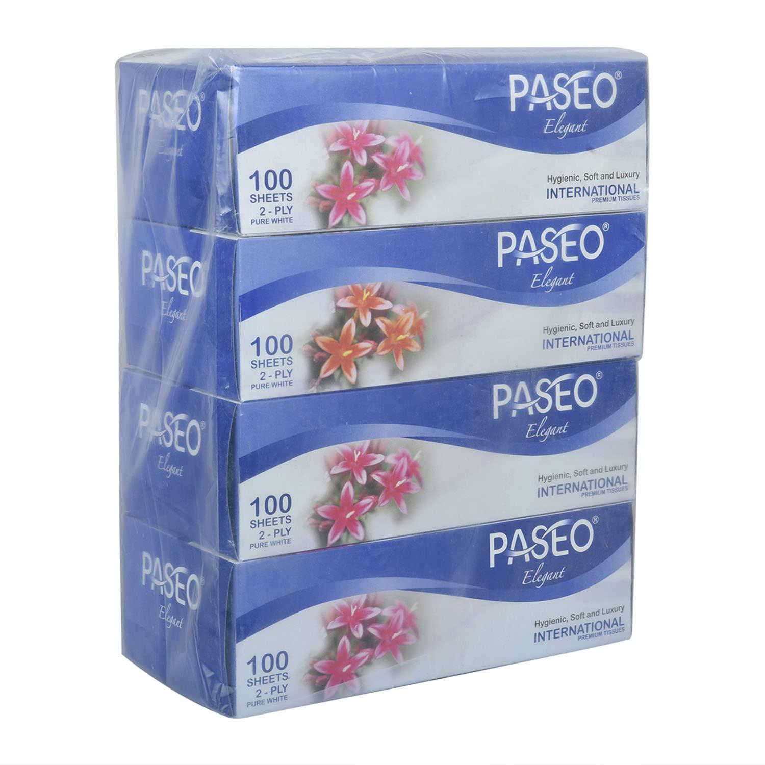 PASEO Paseo Elegant 2-Ply International Premium Facial Tissues, Hygienic, Soft and Luxury (19.5x20cm Each Sheet, 100 Sheets Each Box, White, 8 Boxes)