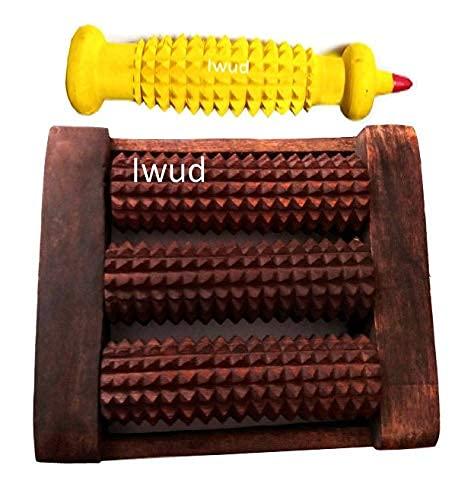 Iwud Iwud Wooden Foot Acupressure 3 Roller Massager Tool (Brown) with a Hand/EYE Acupuncture (Yellow) || wooden foot roller massager