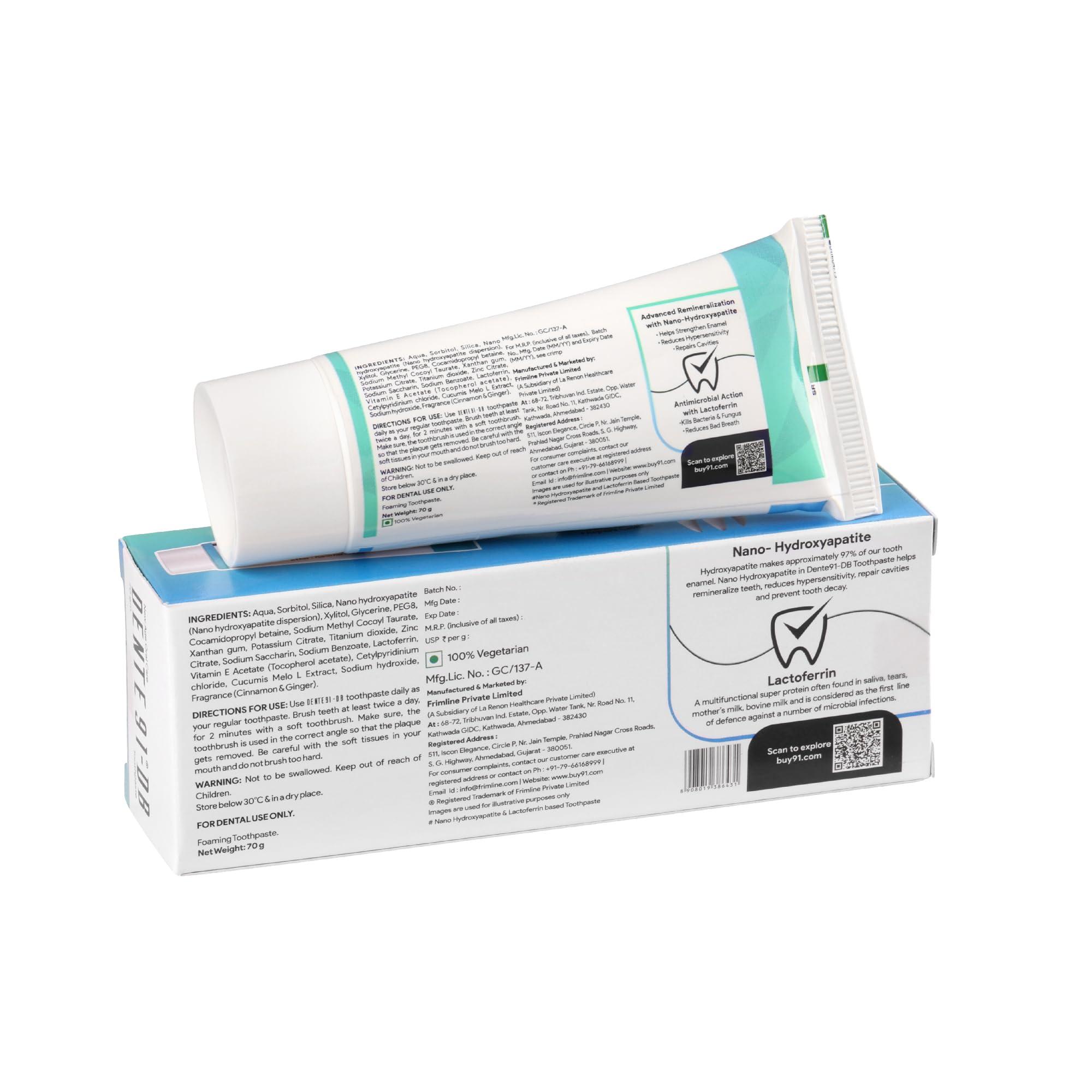 DENTE91 Dente91 DB Toothpaste| Sensitivity Relief | Repairs Cavities | Fights Gum Disease | Reduces Bad Breath | Strengthens Enamel | SLS free | Fluoride free | Paraben free, Pack of 1, 70g