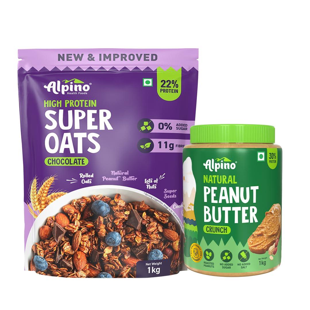 Alpino Alpino Pre-Workout High Protein & Fiber Diet Super Combo - High Protein Super Oats Chocolate 1kg, Natural Peanut Butter Crunch 1kg