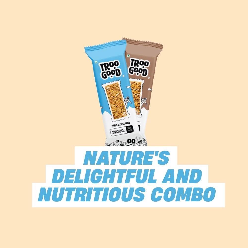 TROOGOOD TrooGood Chikki Assorted Duet Bundle - Pack of 20 - Millet Chikki - 10bar and Peanut Chikki - 10bars, (25g Each) No Added Preservatives and Colours | Sweets | Made with Jaggery - 500g