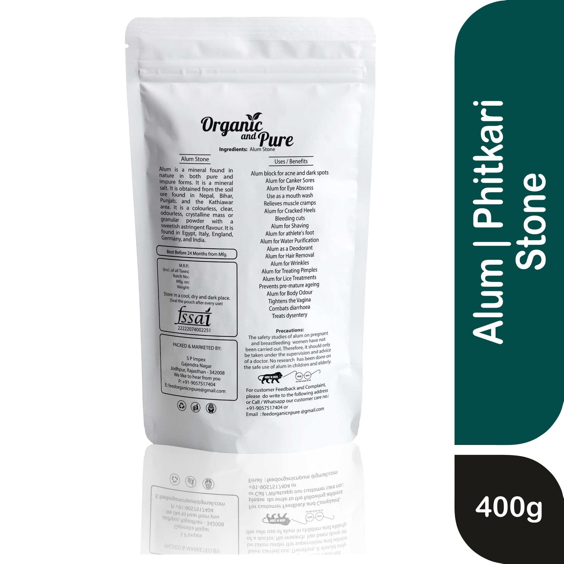 Organic and Pure Organic and Pure Alum Stone Block | Phitkari Alum Stone | Fitkari Stone for Skin Vastu Face Skin Hair Water Underarms Shave Teeth | Potassium Potash 400g