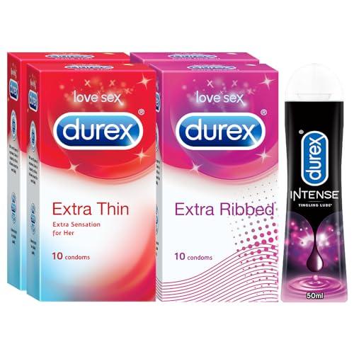 Durex Pleasure Packs (Durex Extra Thin 10s, Extra Ribbed 10s, Extra Thin 10s, Extra Ribbed 10s, Intense Tingling Lube 50 ml)