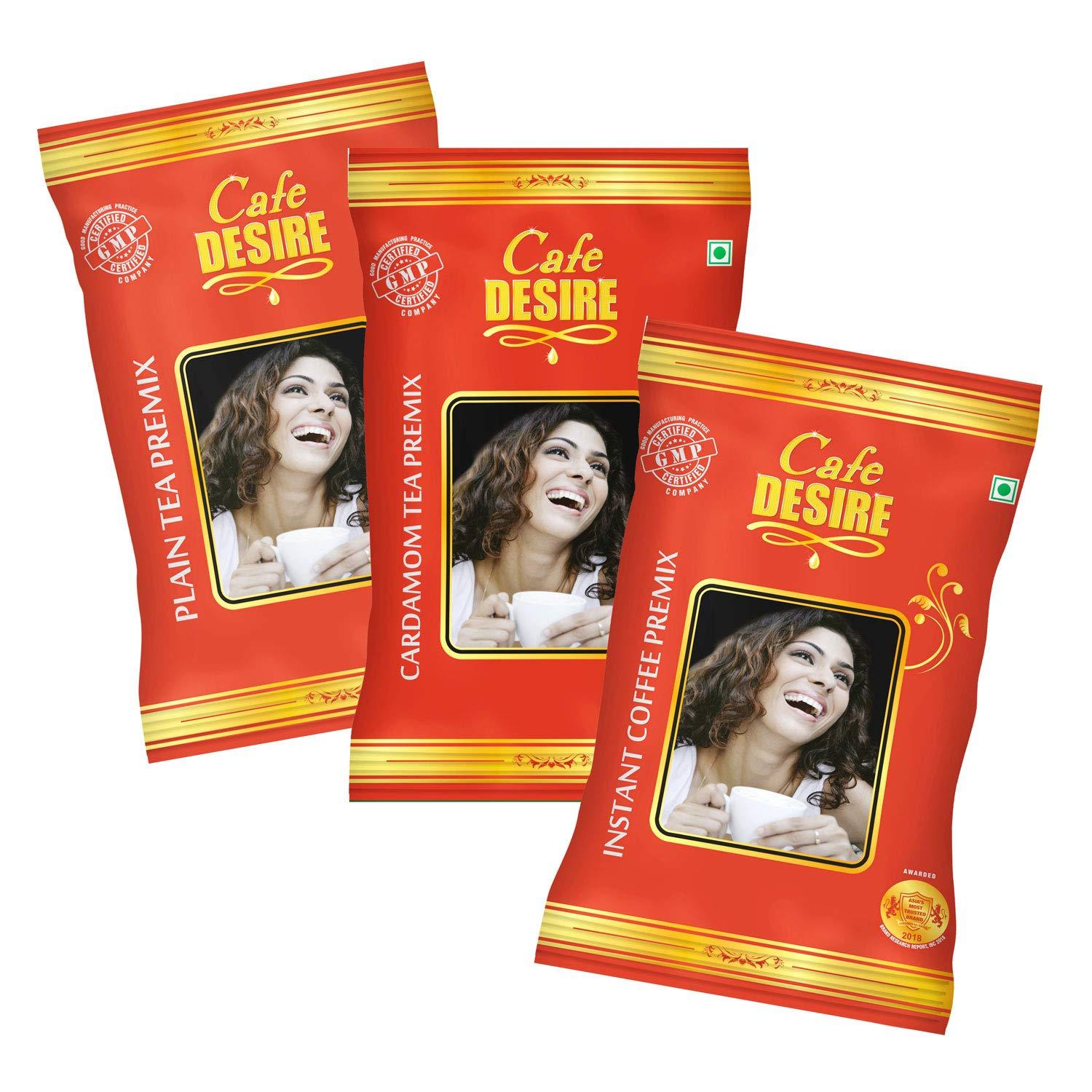 Cafe DESIRE I DRINK SUCCESS Cafe DESIRE I DRINK SUCCESS Instant Coffee Premix 1Kg, Cardamom Tea Premix 1Kg, Plain Tea Premix 1Kg|Pack Of 3 X 1 Kg|Makes 250 Cups|Vending Machines Suitable, Manual-Add Hot Water, Ground, Can