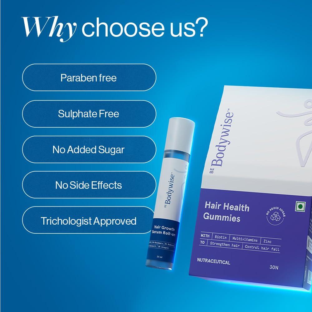 Be Bodywise Be Bodywise Hair Growth Pack, 30 Day Pack, Biotin Hair Gummies (30 Gummies) & Rosemary Hair Growth Serum (Roll-On) 30Ml, For Hair Fall & Hair Thinning - Grams