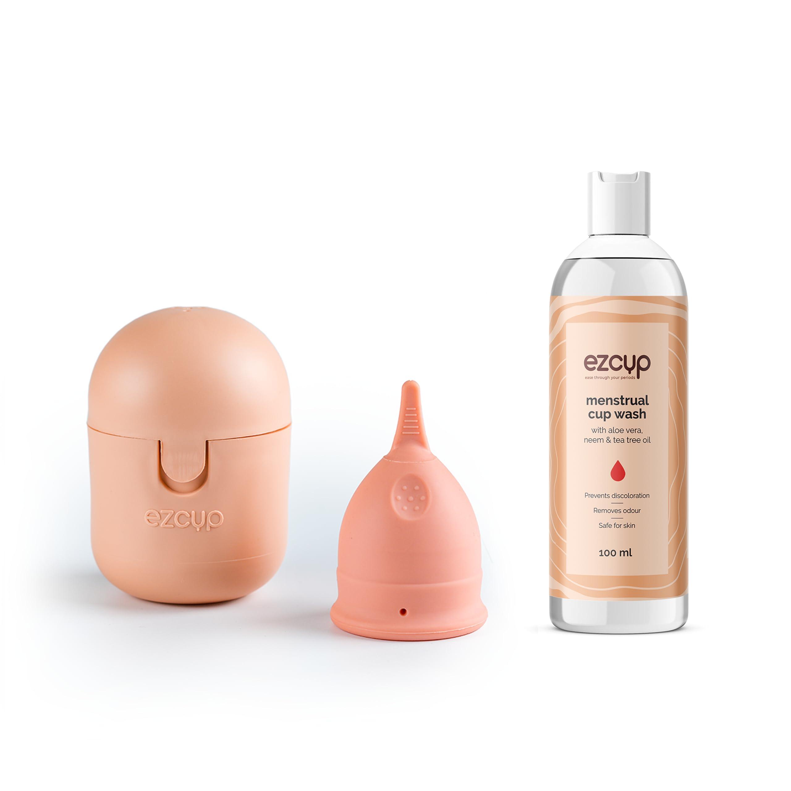 Ezcup Ezcup Reusable Menstrual Cup for Women with an easy-to-use Portable Sterilising Container,100% Medical Grade Silicone+Menstrual Cup Wash -100 ml with Aloe vera, Neem & Tea tree oil. (REGULAR+WASH)