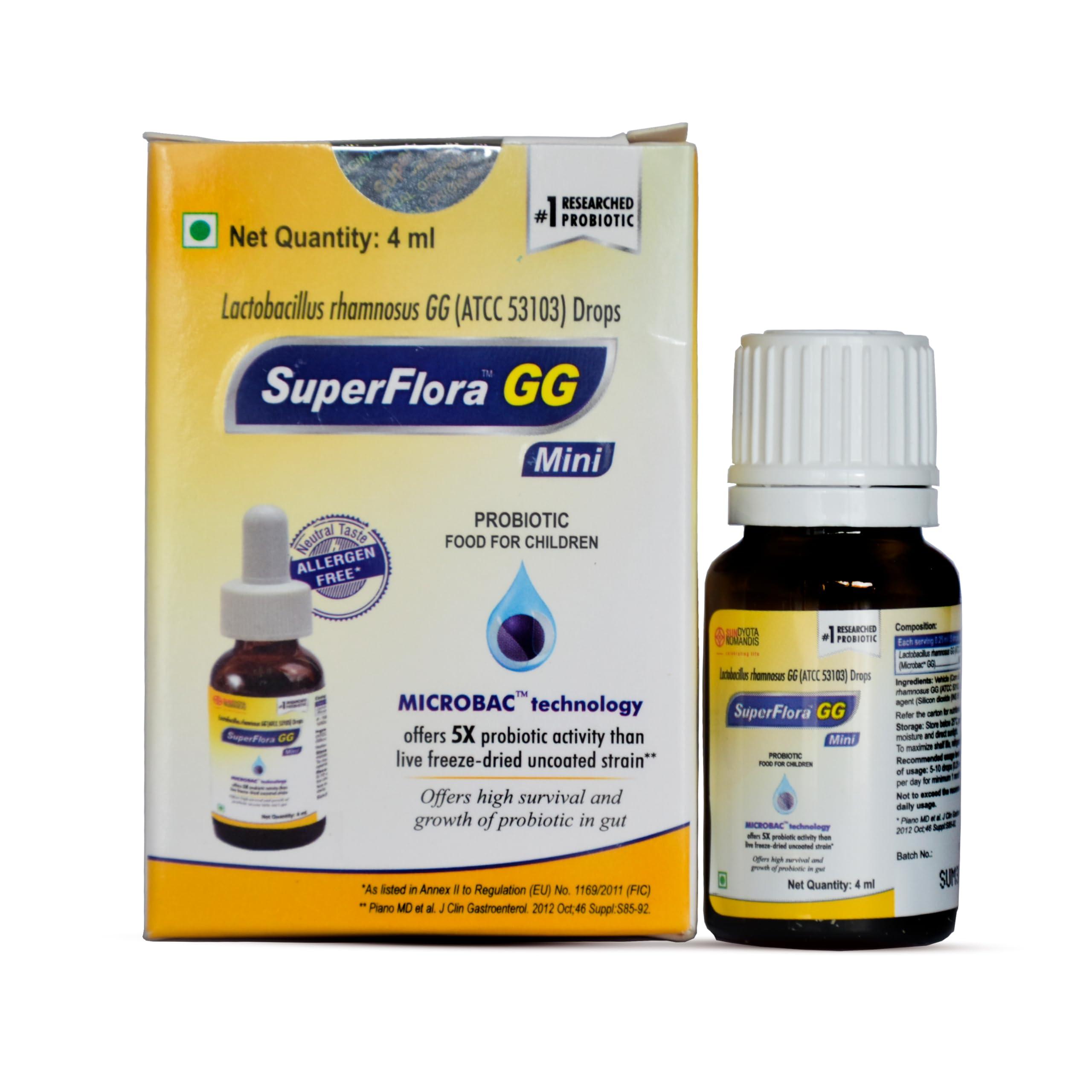 Sundyota Lifecare Sundyota's Superflora GG Probiotic Supplement MINI Drops | Specially designed for baby for diarrhoea in kids and badies | 5x superior efficacy | Flavor-less lactobacillus probiotic | 4ml Mini Pack