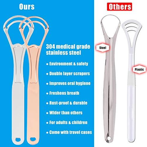 UUZIYOU Stainless Steel Tongue Scraper Cleaner, 2 Pack Fresh Breath Tongue Cleaner for Adults, Kids, Men and Women, Surgical Grade Metal Scraper for Healty Oral Care, Bad Breath Cure (with 2 Travel Cases)