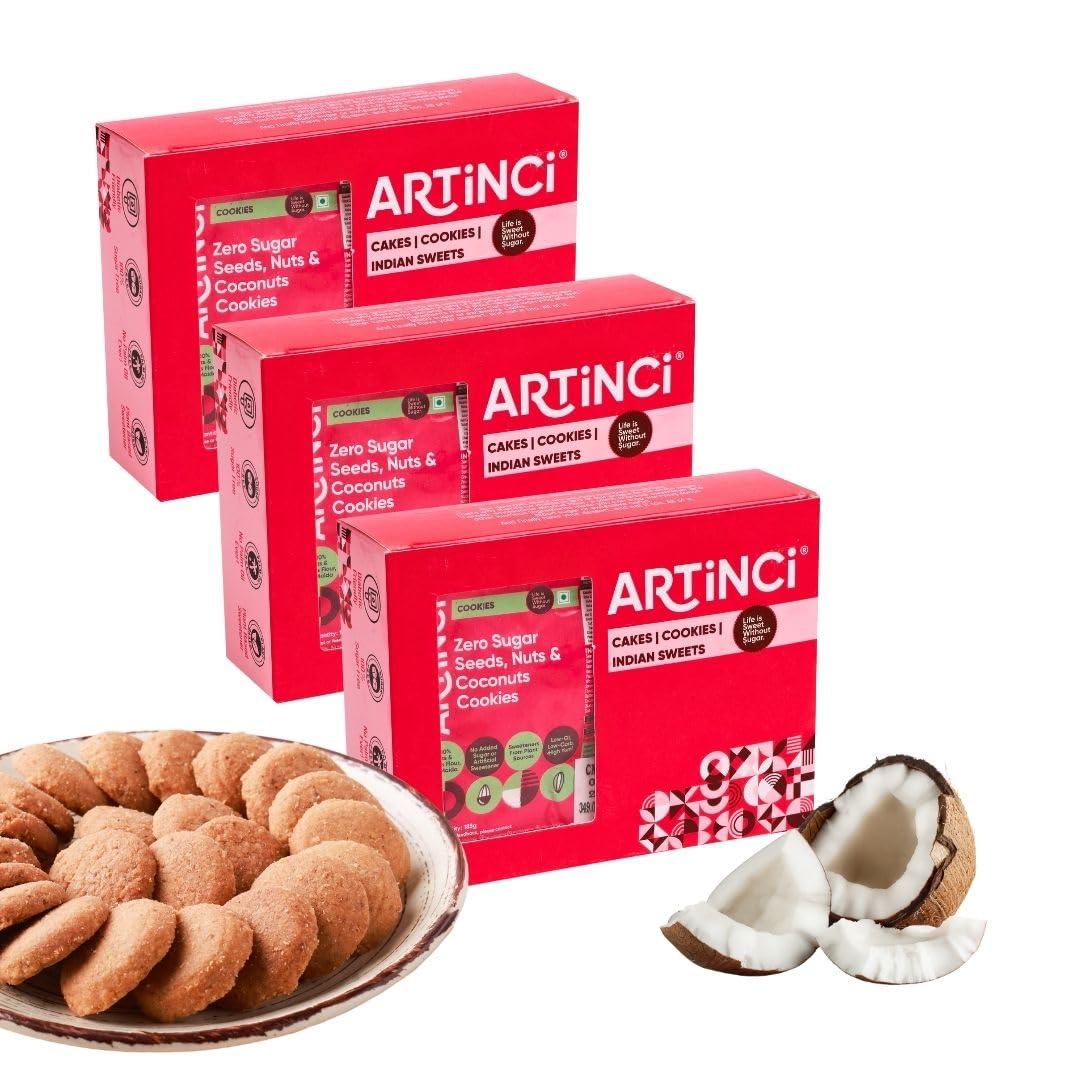 Artinci Artinci Coconut Cookies | As Seen on Shark Tank | Sugar Free Diabetic Friendly with High Protein & Fiber Digestive Biscuits | Low GI & Carbs | (185g x Pack of 3)