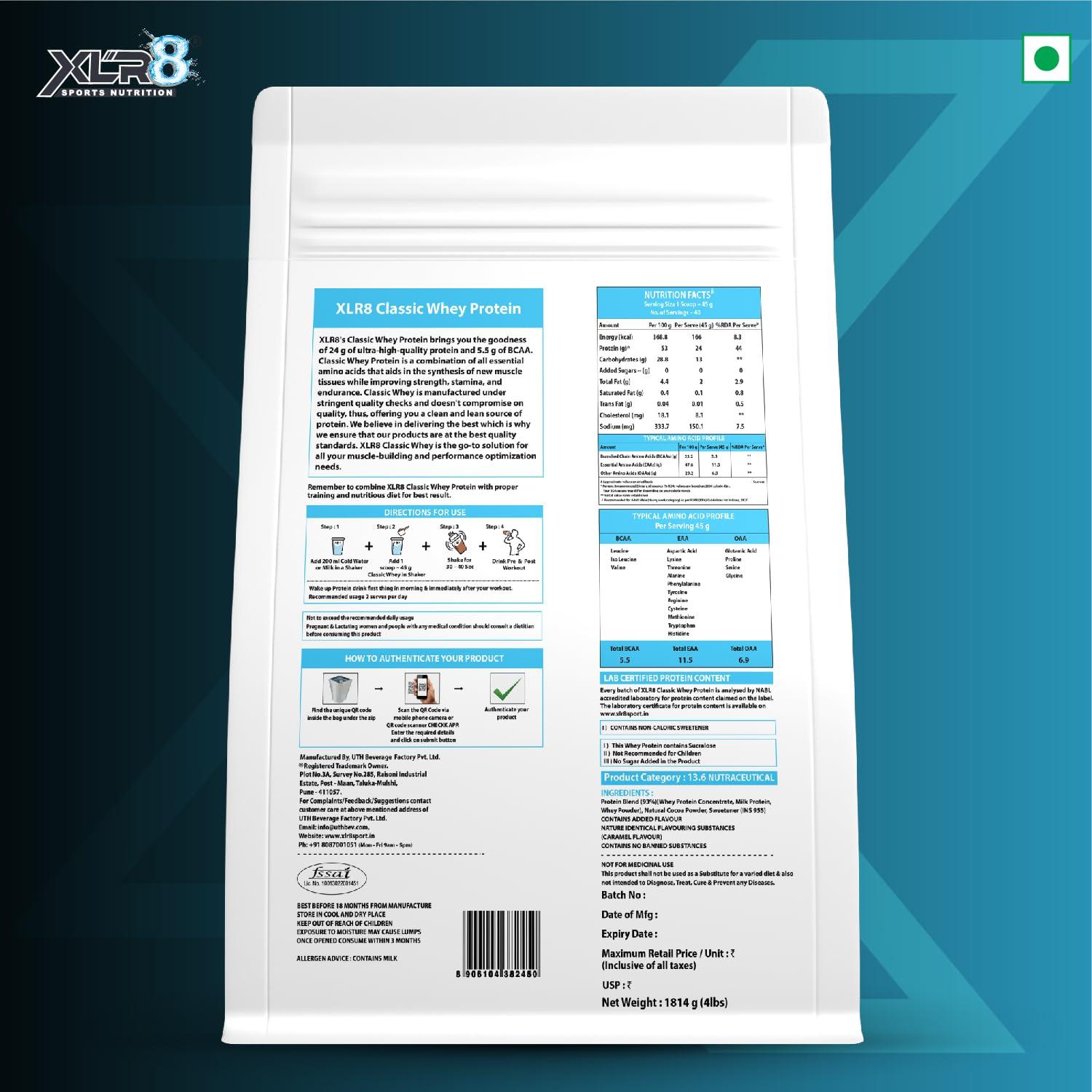 XLR8 XLR8 Classic Whey Protein Powder, 24 g Protein, 5.5 BCAA, No Maltodextrin (1814 g (Pack of 1), Choco Caramel)