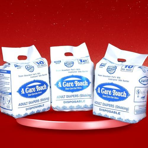 A Care Touch A Care Touch Adult Diapers for Men & Women StickingSuper Absorbent, Soft & Comfortable Incontinence Briefs  Leakproof, Adjustable Waist, Skin-Friendly, 10 pieces in 1 pack, Ideal for Overnight Protection, Large Size (Pack of 3))