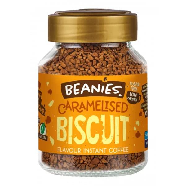 BEANIES BEANIES Flavoured Instant Coffee Caramelised Biscuit Hot & Cold Coffee Makes 25 Cups 100% Arabica Coffee Smooth & Sugar Free 50g. Bottle (Caramelised Biscuit)