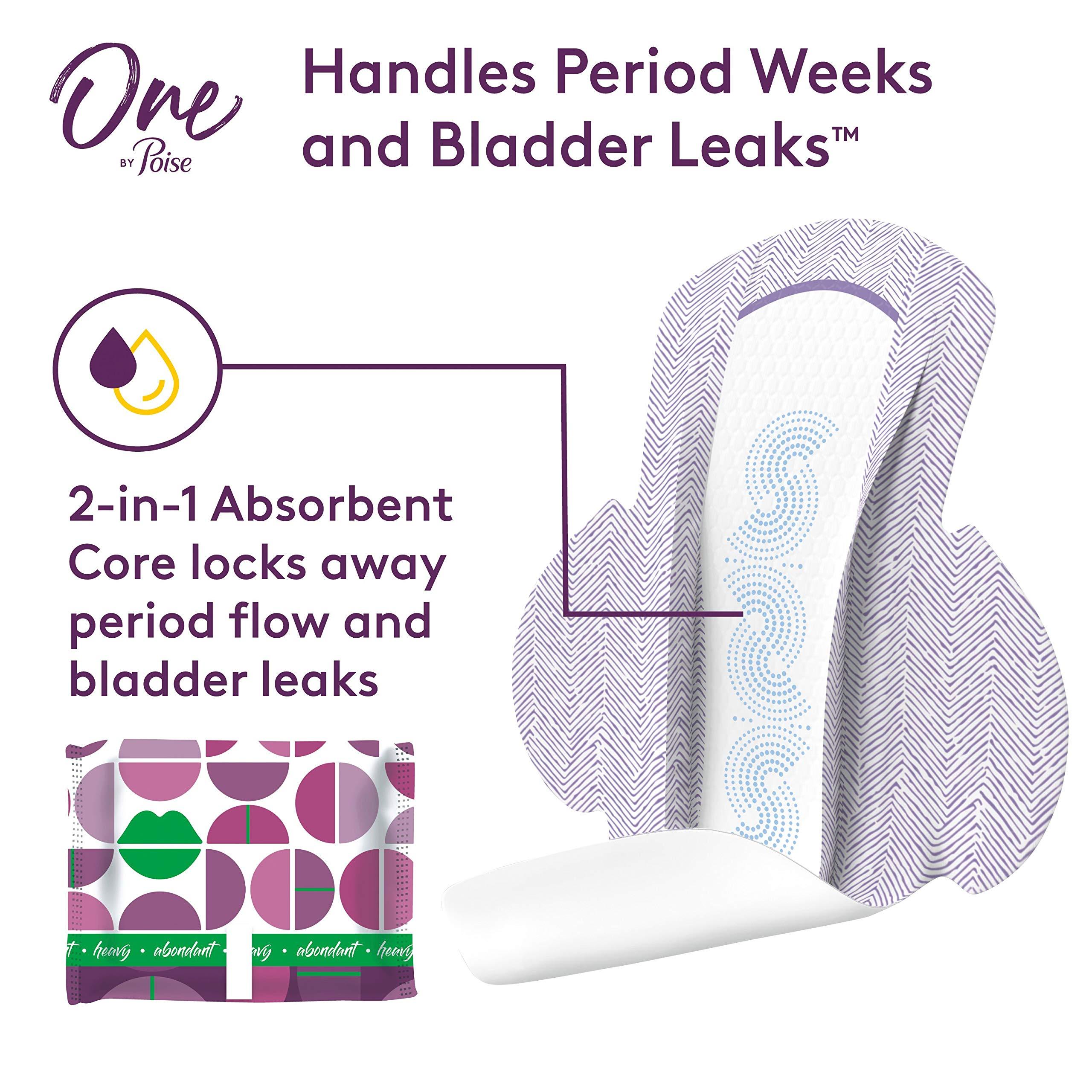 Poise One by Poise Feminine Pads with Wings (2-in-1 Period & Bladder Leakage Pad for Women), Regular, Heavy Absorbency for Period Flow, Light Absorbency for Bladder Leaks, 18 Count