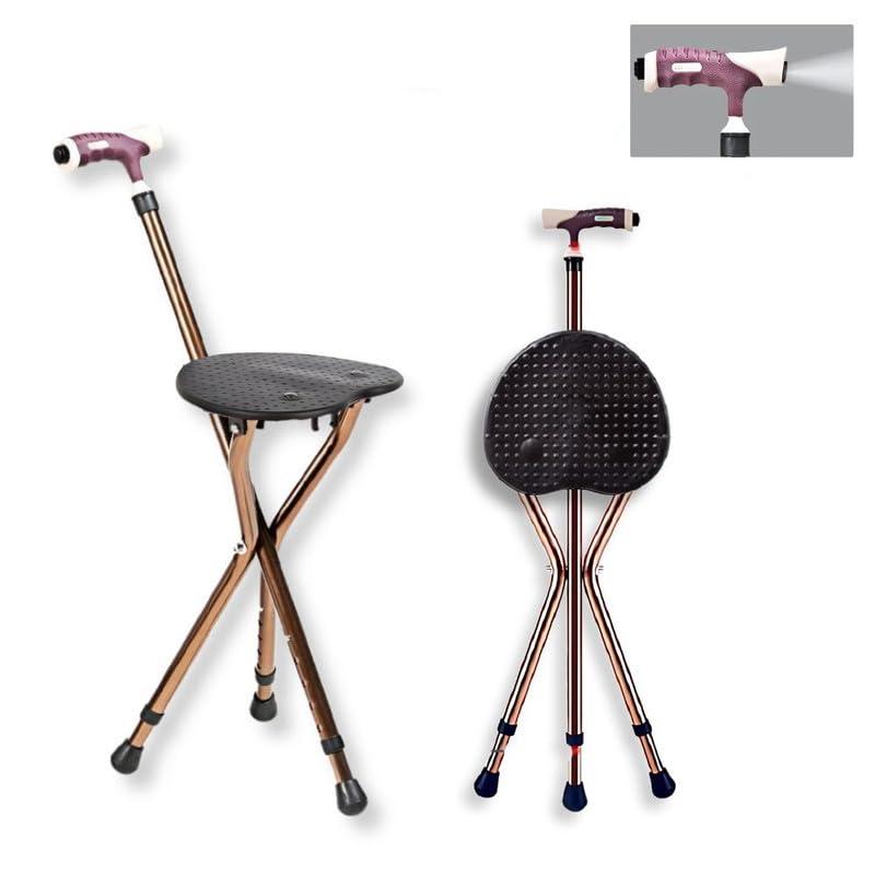 CRYSENDO Crysendo Walking Stick Cum Seat for Elders | Chair Folding Durable & Comfortable Cane Stool | Easy Carry Cane Chair Travel Hiking Hand Stick Cum Stool (LED Black)