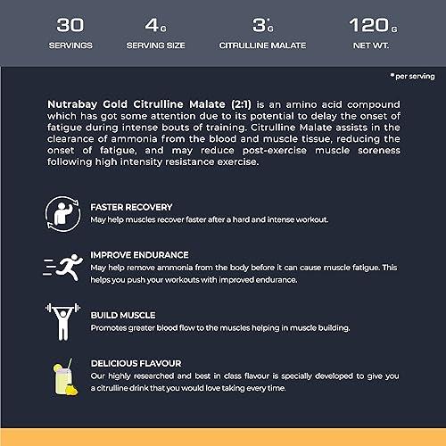 Nutrabay Nutrabay Gold Citrulline Malate 2:1 Supplement Powder - 120g, Lemon Flavor | Boosts Nitric Oxide, Pre Workout Amino Acid for Muscle Strength & Endurance
