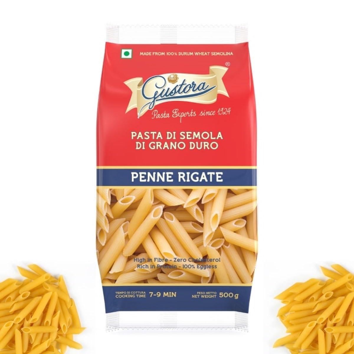 Gustora GUSTORA Combo Pack of Penne Rigate Pasta & Spaghetti Pasta, 1 KG I Italian Pasta Combo I Made of Durum Wheat Semolina I Rich in Protein & Fibre I Zero Cholesterol I Cooking Time 10 Min (500G X 2)
