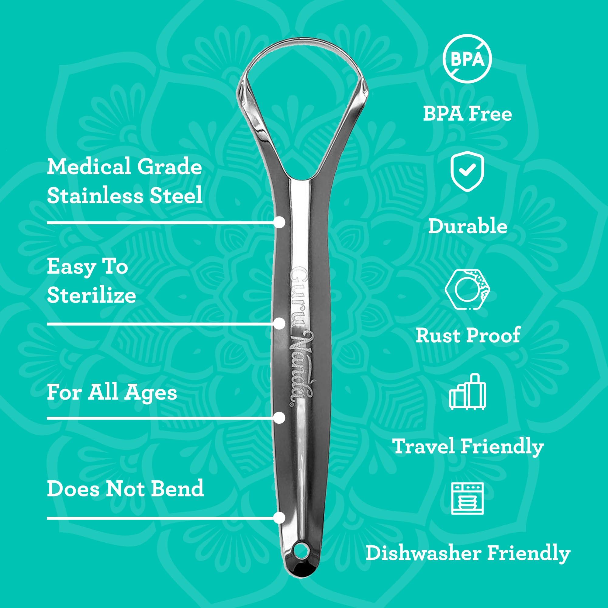 GuruNanda Guru Nanda Stainless Steel Tongue Scraper (Pack of 2), Fights Bad Breath, Medical Grade 100% Stainless Steel, Great for Oral Hygiene, Tongue Cleaner for Adults and Kids