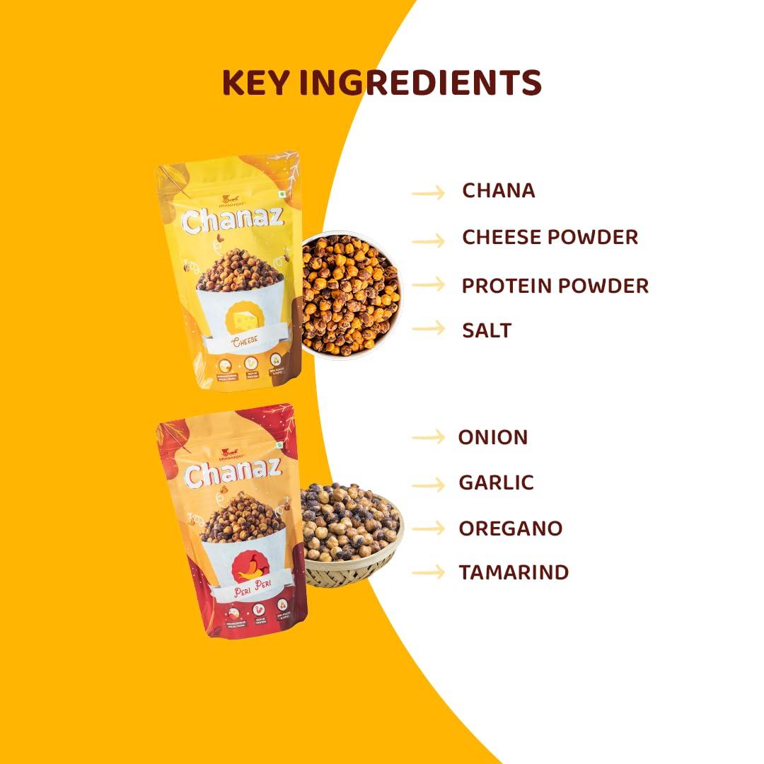 DHANANJAY DHANANJAY Roasted Flavoured Mahabaleshwar Chana (Chickpeas) | Gluten Free | Rich In Protein | 100% Roasted And Puffed | Pack Of 2 (Cheese 180 G & Peri Peri 180 G)