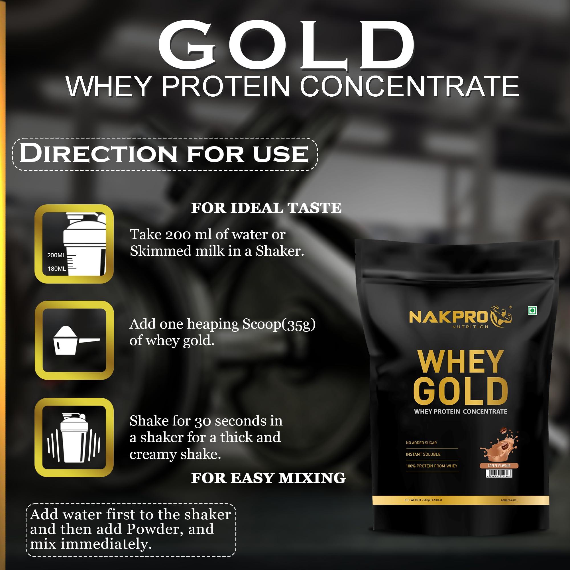 NAKPRO NAKPRO Gold Whey Protein Concentrate 500g Coffee | 25.5g Protein, Trustified Certified Supplement Powder | Fast Absorbing Whey Protein Powder