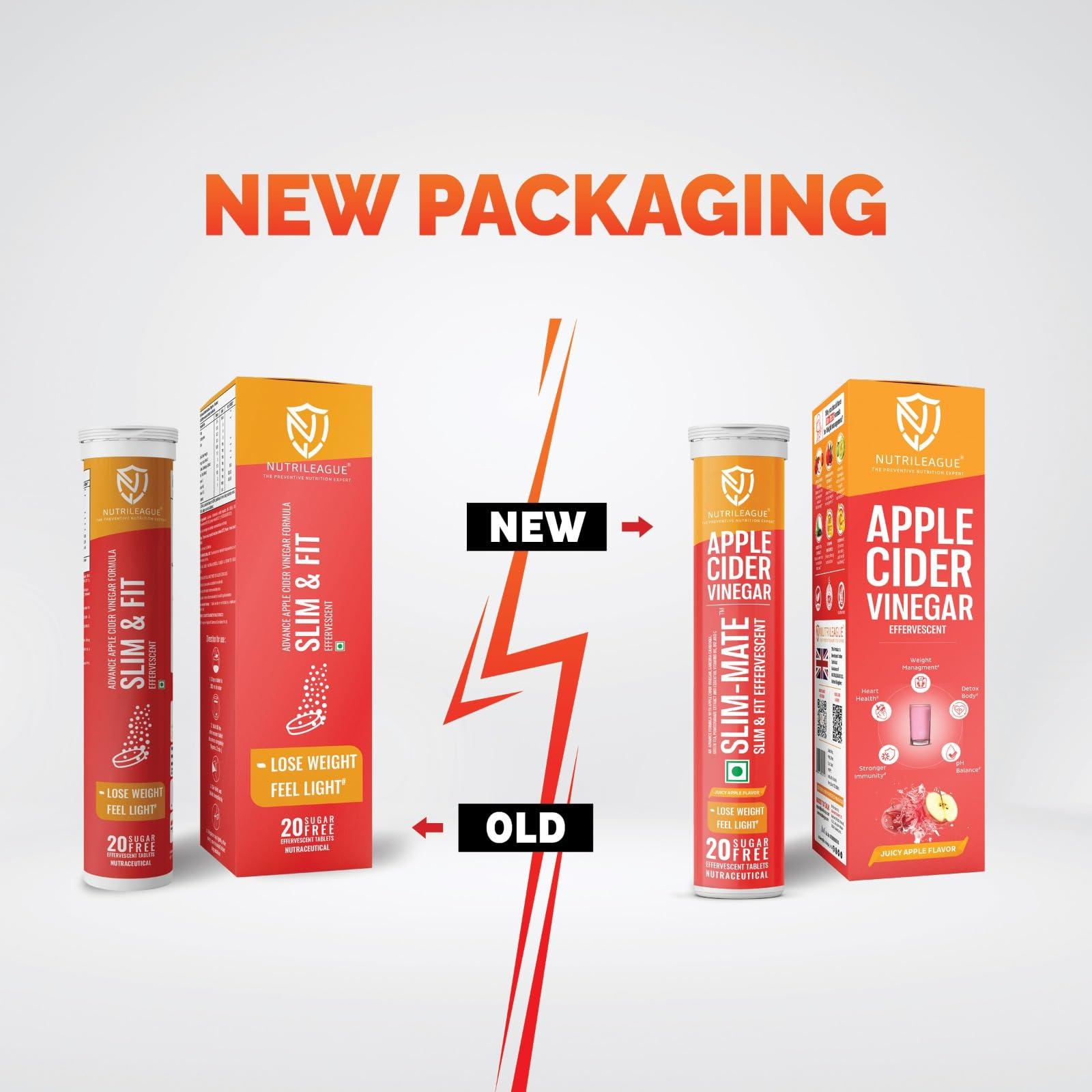 Nutrileague Nutrileague Slim-Mate (Slim & Fit) Effervescent Tablet | Apple Cider Vinegar with Mother (ACV) | 20 Tabs Each | Apple Flavour | Sugar-Free | Vegan | Garcinia Cambogia, Pomegranate, Green Tea & Vitamin C, B6, B12