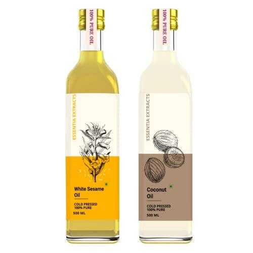 ESSENTIA EXTRACTS ESSENTIA EXTRACTS Extra Virgin White Sesame Oil - Pure Cold Pressed Edible Til Ka Tel - (Hair, Skin) (500 Ml Sesame Oil + 500 Ml Coconut Oil)