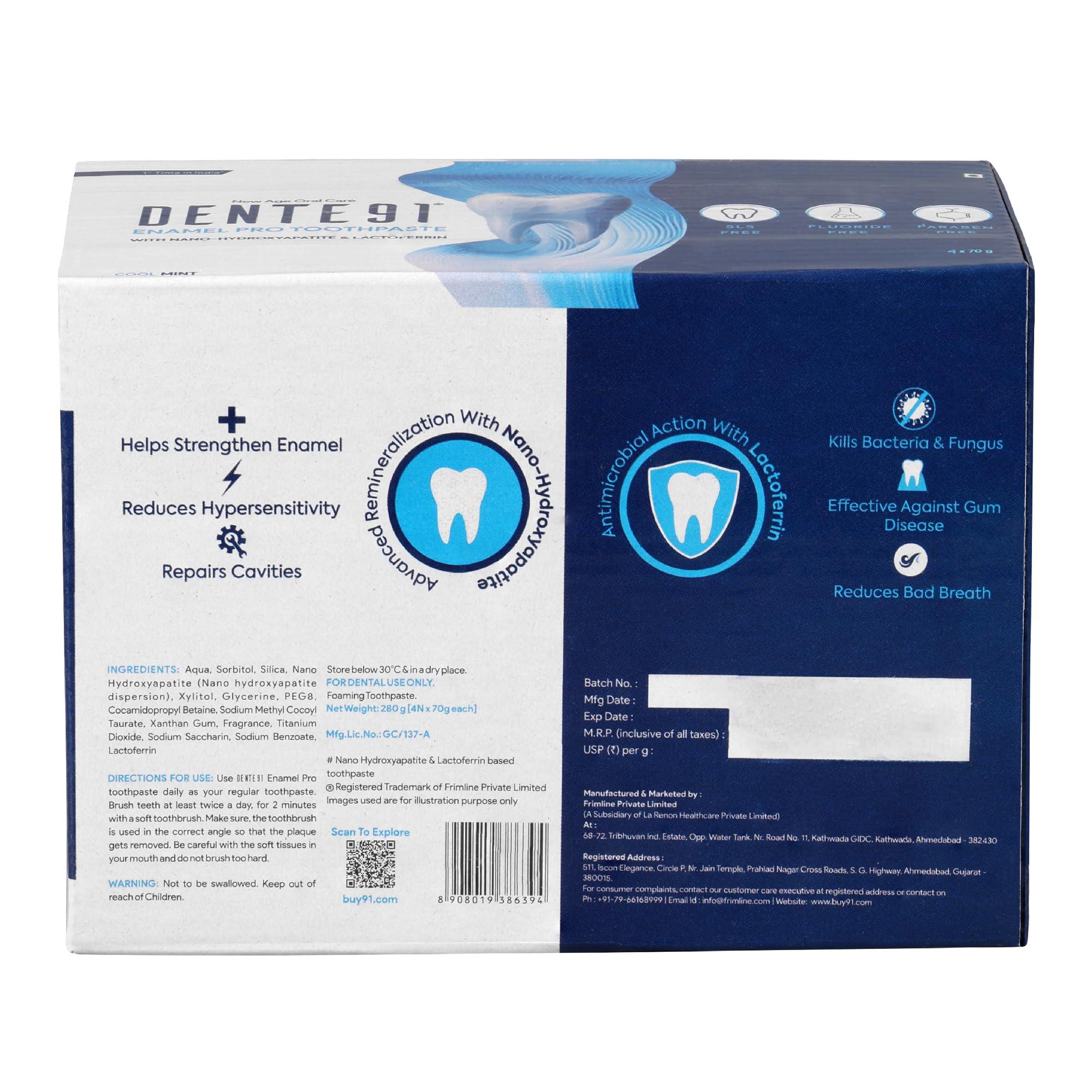 DENTE91 Dente91 Enamel Pro Toothpaste| Sensitivity Relief | Repairs Cavities | Fights Gum Disease | Reduces Bad Breath | Strengthens Enamel | SLS Free | Fluoride Free | Paraben Free | Pack of 4, 4 X 70g