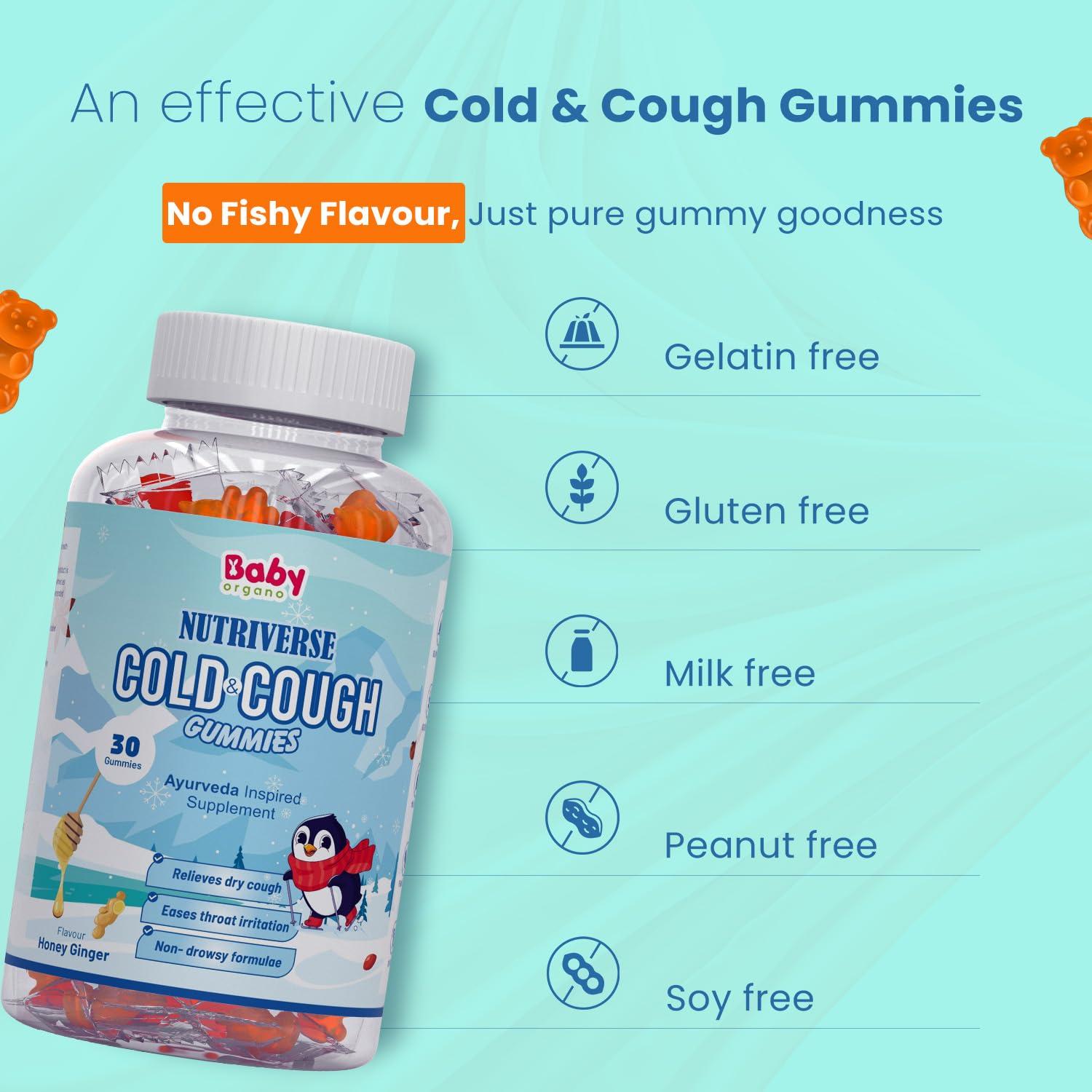 Babyorgano Babyorgano Nutriverse Cough & Cold Relief Gummies For Kids (2-15 Yrs) |30 Gummies |Relieve Dry Cough, Throat Irritation|Non-Drowsy, Ayurveda Inspired Formula, No Gelatin, Gluten, Dairy|Mango Flavor
