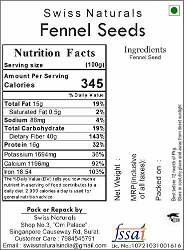 Swiss Naturals Swiss Naturals Fennel Seeds | Saunf Fresh | Sauf | Variyali, 250g